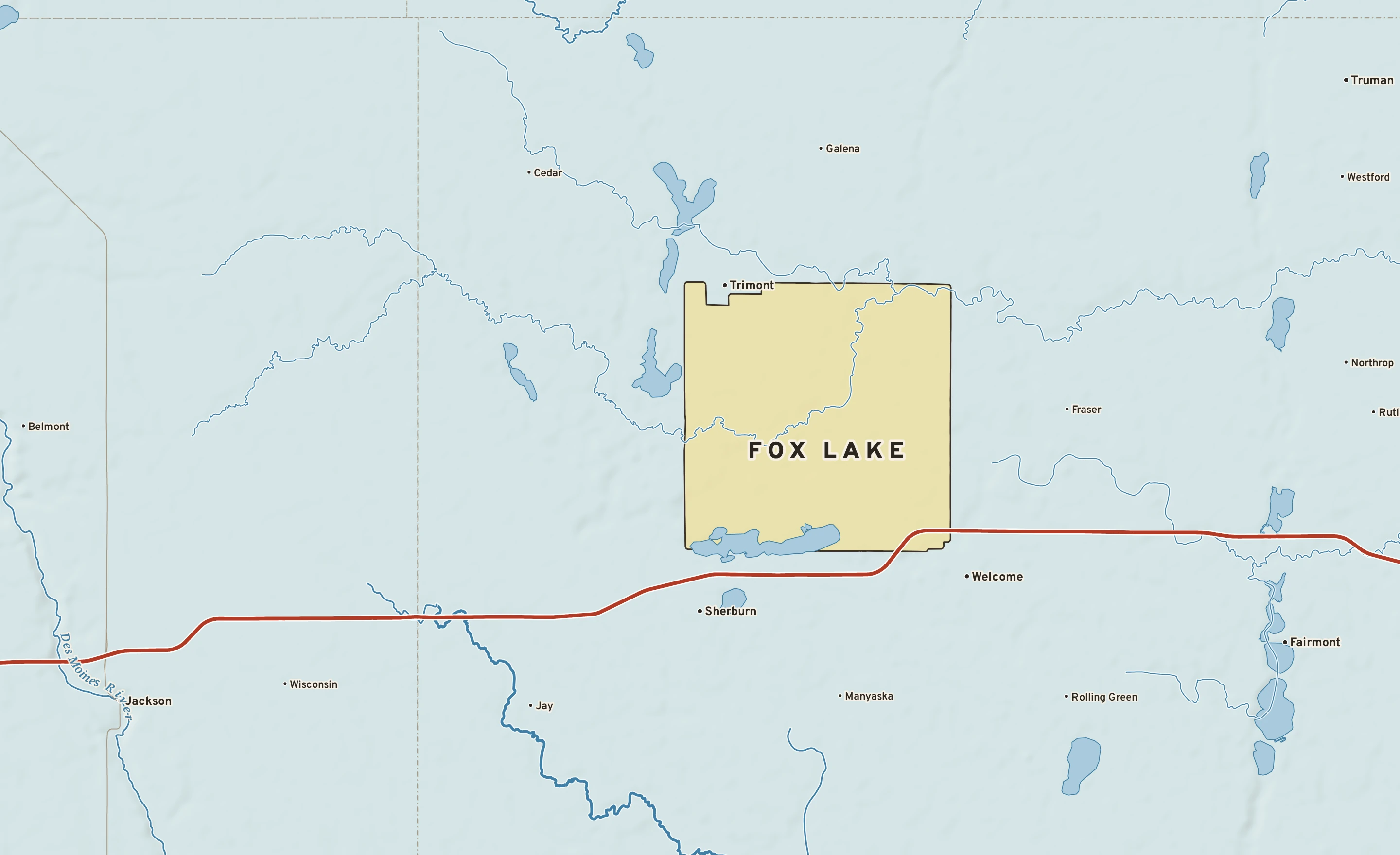 Shaded-relief atlas plate of Fox Lake, Minnesota: rivers, roads, the city limits and where the water drains.
