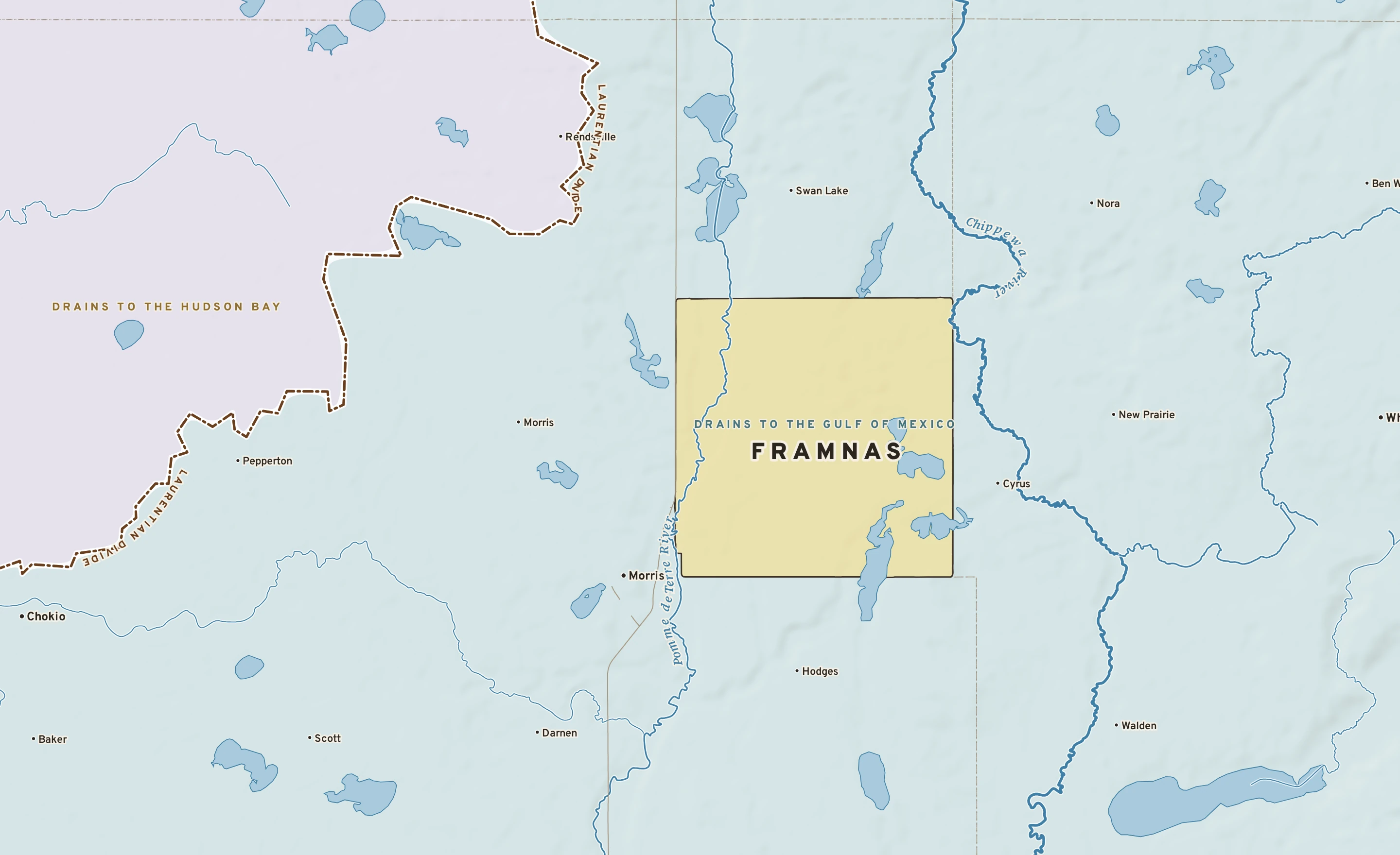 Shaded-relief atlas plate of Framnas, Minnesota: rivers, roads, the city limits and where the water drains.