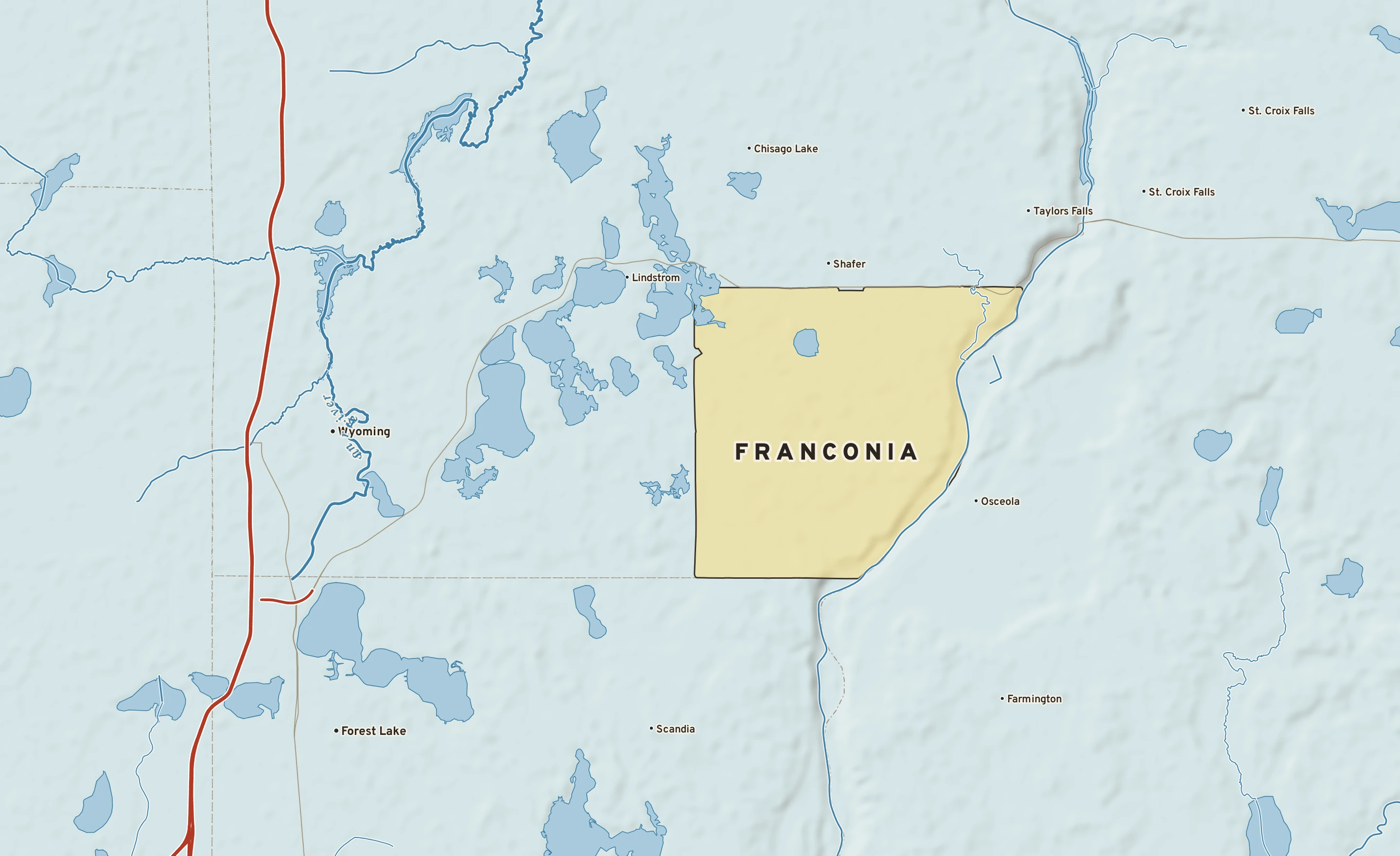 Shaded-relief atlas plate of Franconia, Minnesota: rivers, roads, the city limits and where the water drains.