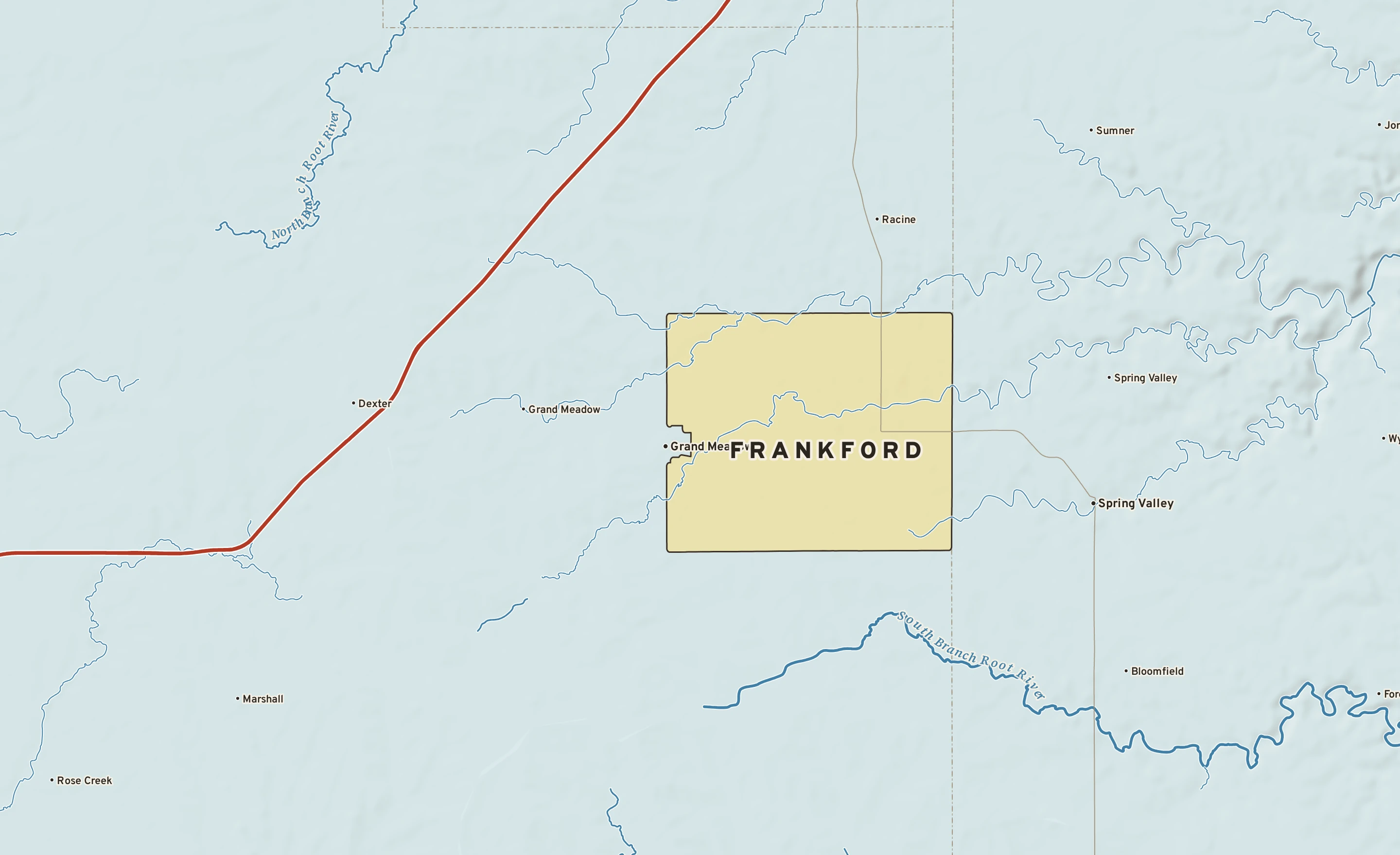 Shaded-relief atlas plate of Frankford, Minnesota: rivers, roads, the city limits and where the water drains.