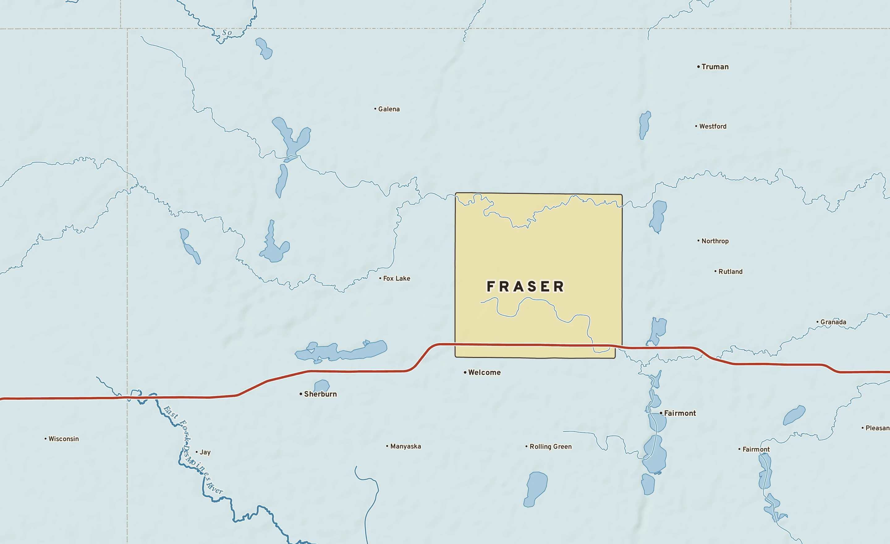 Shaded-relief atlas plate of Fraser, Minnesota: rivers, roads, the city limits and where the water drains.