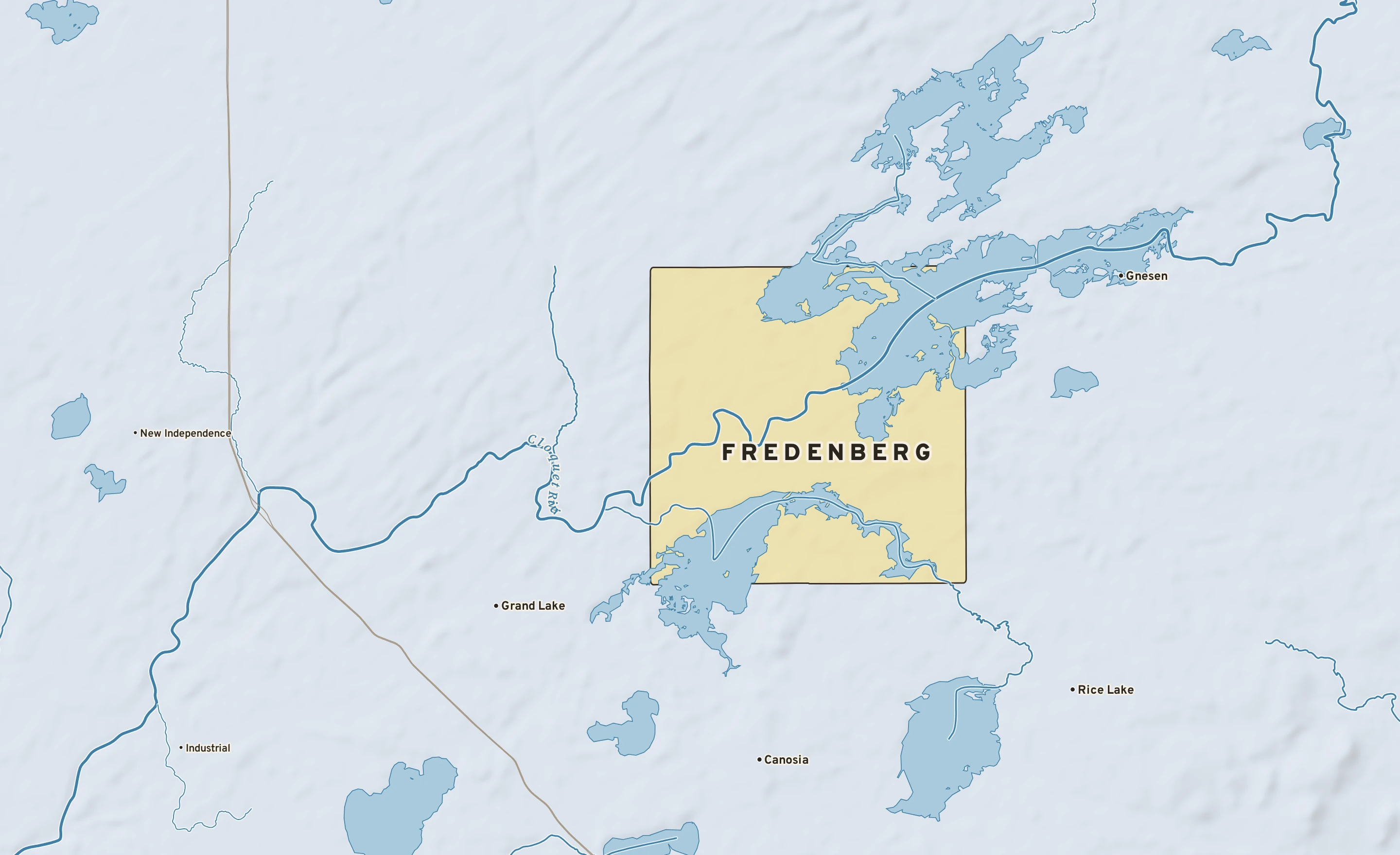 Shaded-relief atlas plate of Fredenberg, Minnesota: rivers, roads, the city limits and where the water drains.