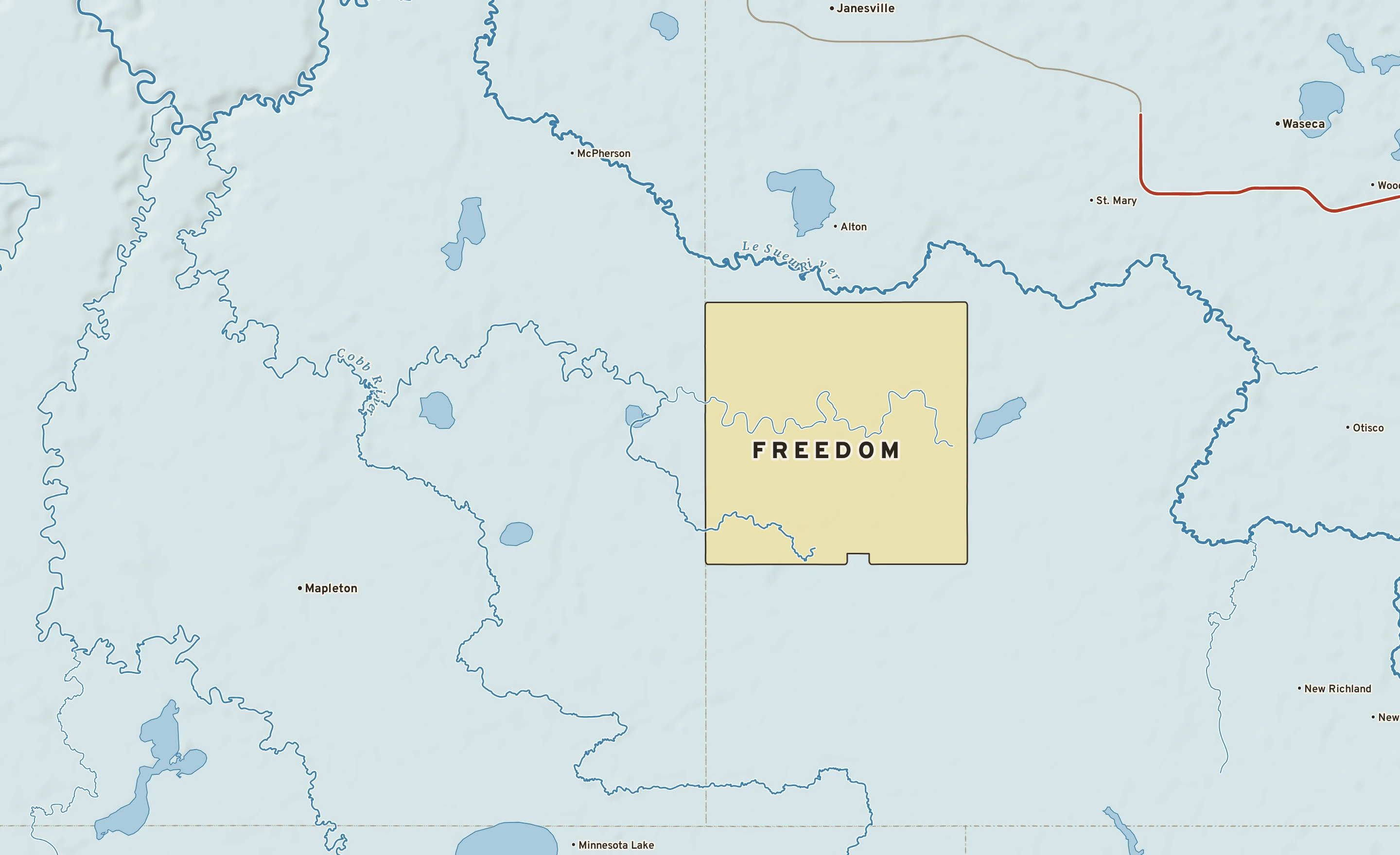 Shaded-relief atlas plate of Freedom, Minnesota: rivers, roads, the city limits and where the water drains.