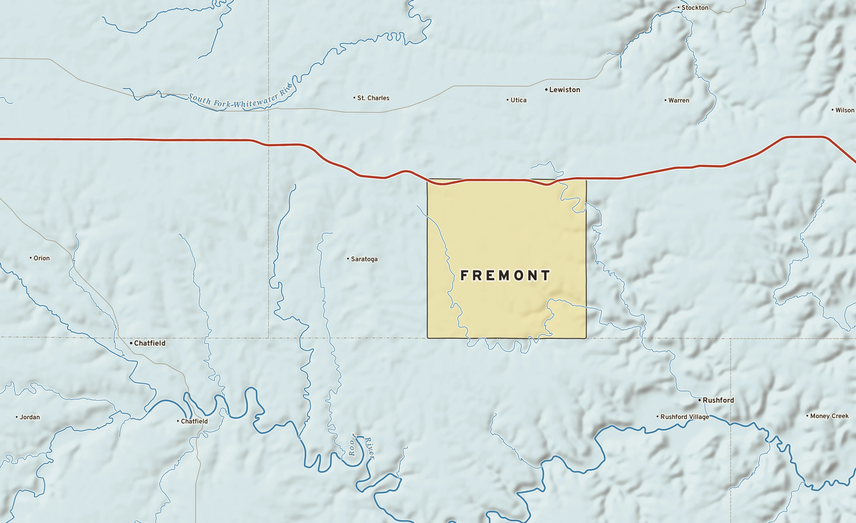 Shaded-relief atlas plate of Fremont, Minnesota: rivers, roads, the city limits and where the water drains.