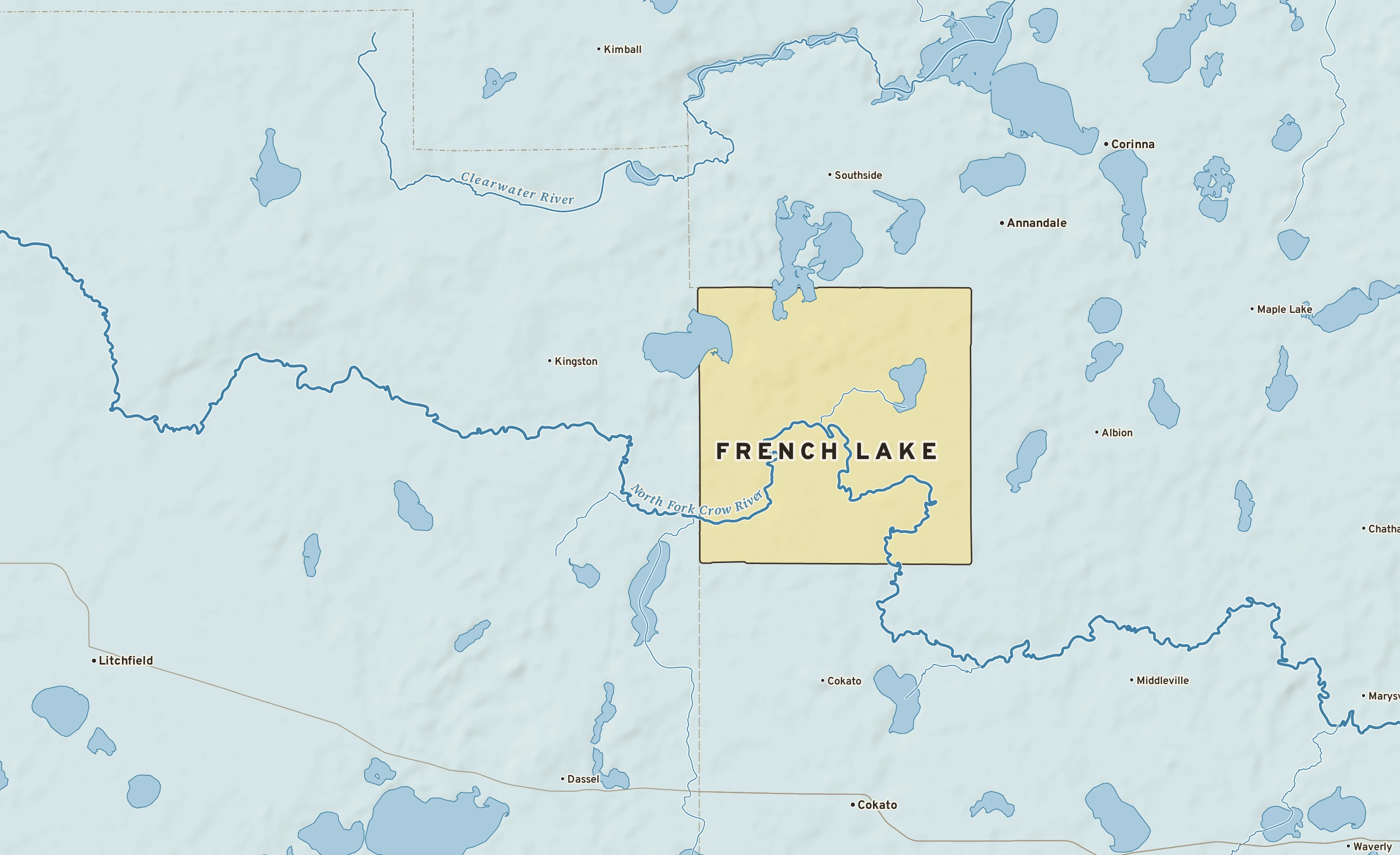 Shaded-relief atlas plate of French Lake, Minnesota: rivers, roads, the city limits and where the water drains.