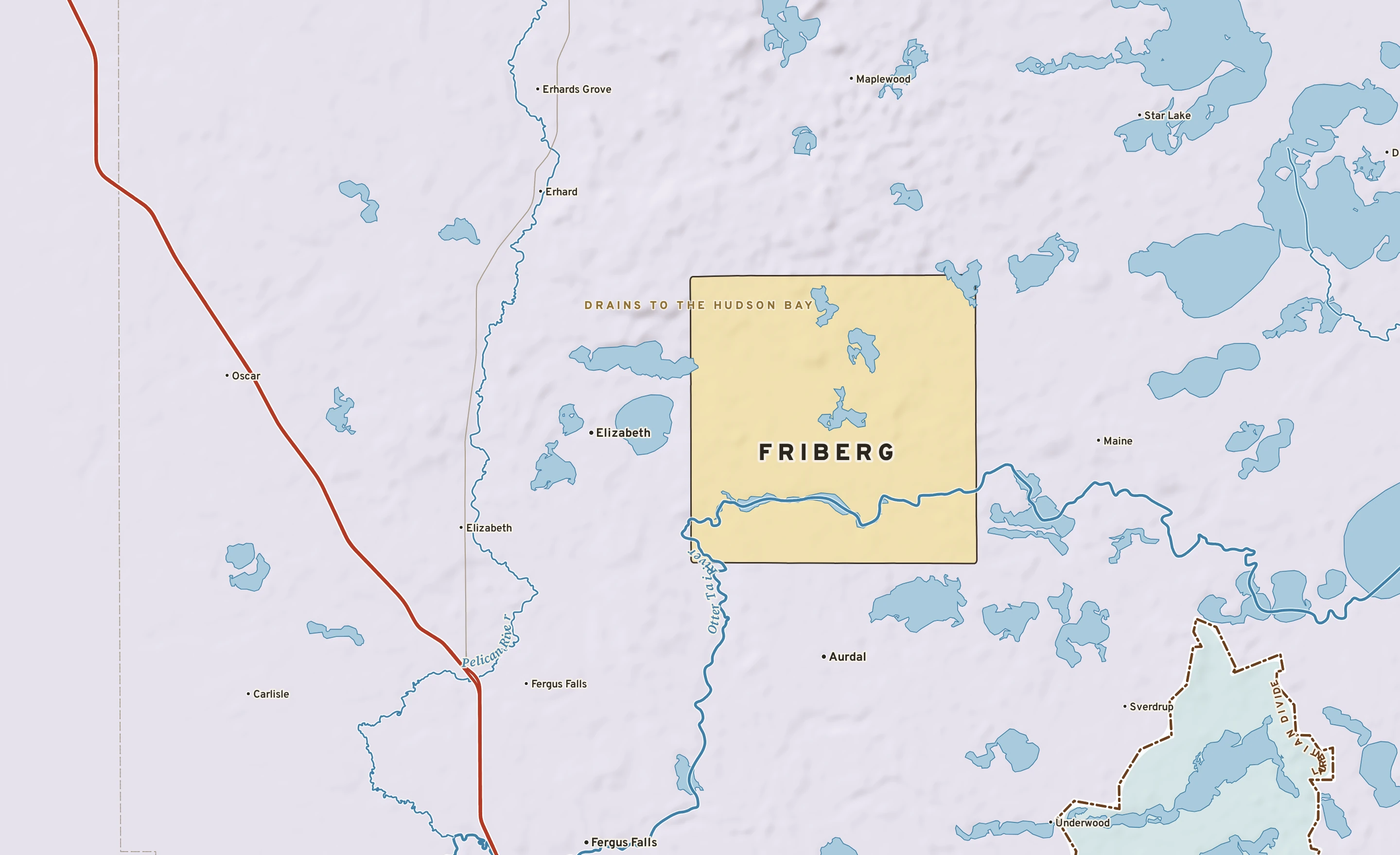 Shaded-relief atlas plate of Friberg, Minnesota: rivers, roads, the city limits and where the water drains.