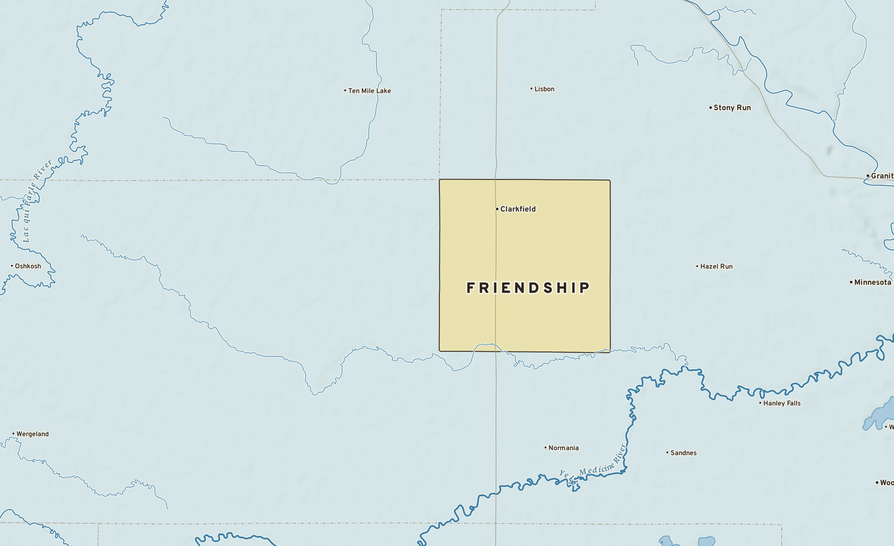 Shaded-relief atlas plate of Friendship, Minnesota: rivers, roads, the city limits and where the water drains.