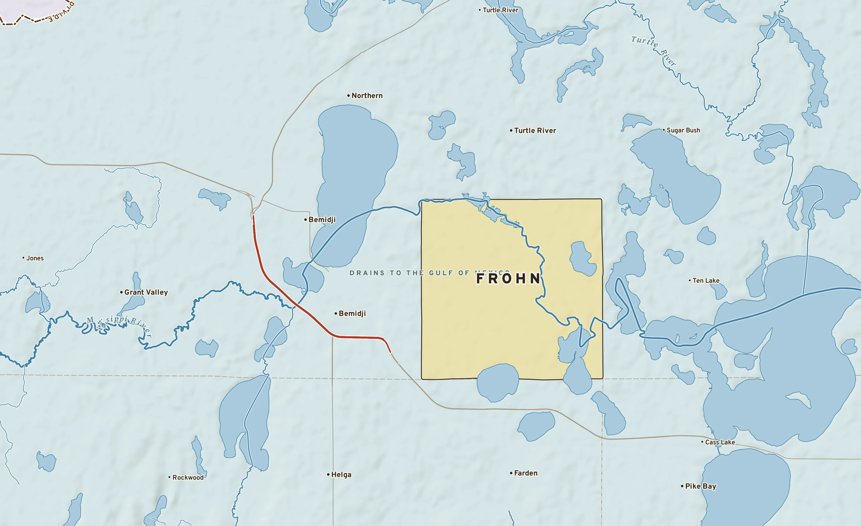 Shaded-relief atlas plate of Frohn, Minnesota: rivers, roads, the city limits and where the water drains.