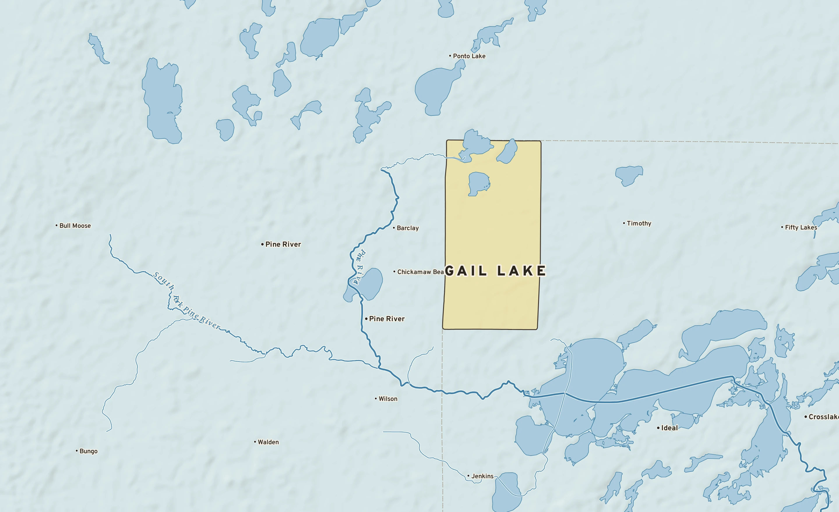 Shaded-relief atlas plate of Gail Lake, Minnesota: rivers, roads, the city limits and where the water drains.