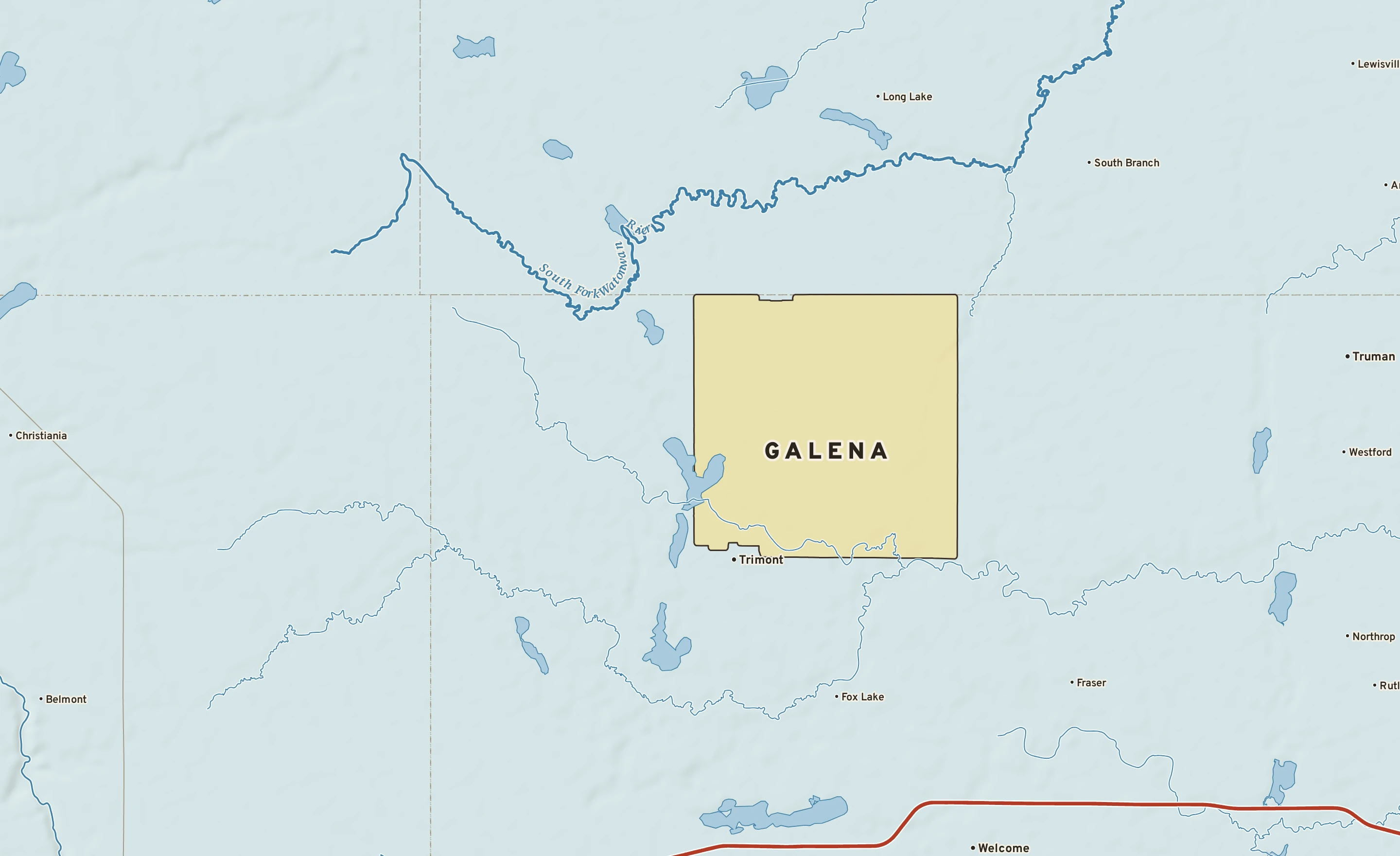 Shaded-relief atlas plate of Galena, Minnesota: rivers, roads, the city limits and where the water drains.