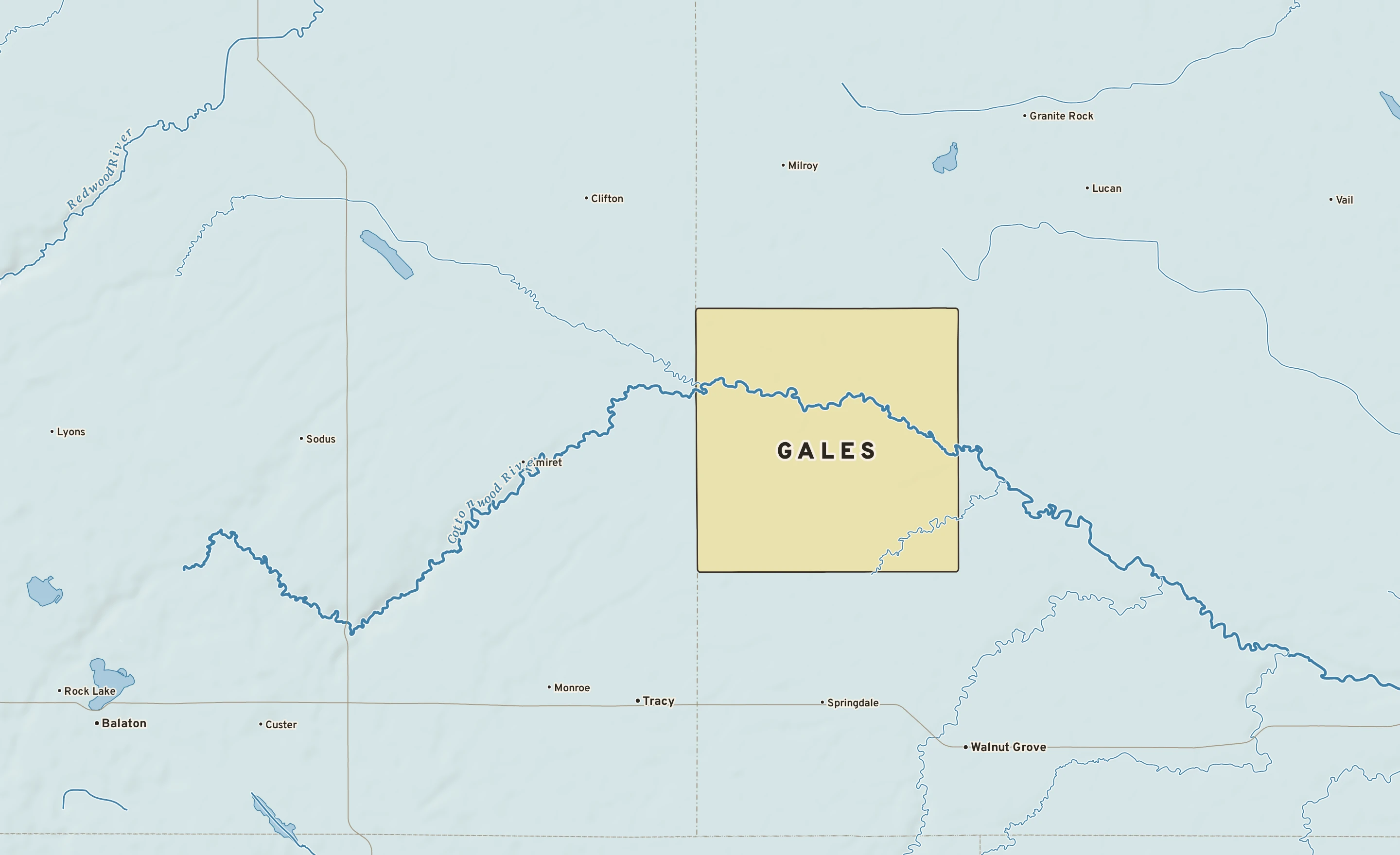 Shaded-relief atlas plate of Gales, Minnesota: rivers, roads, the city limits and where the water drains.