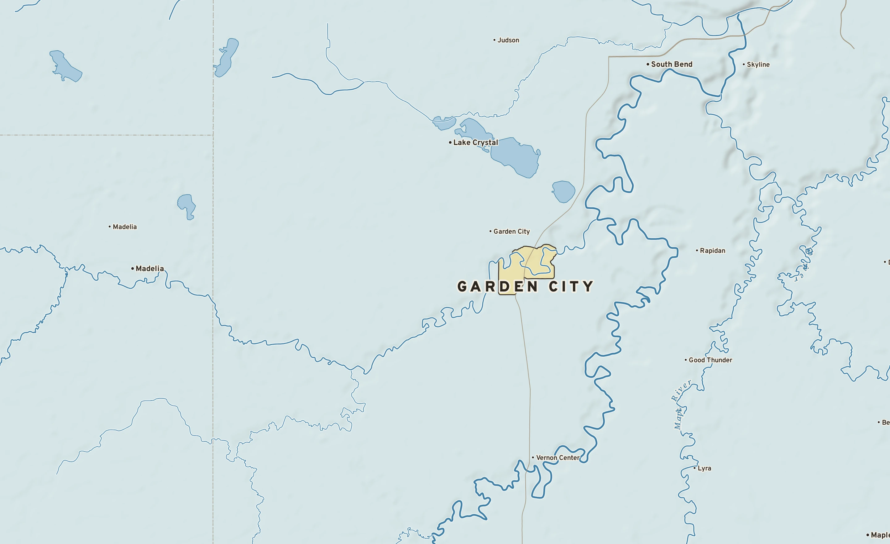 Shaded-relief atlas plate of Garden City, Minnesota: rivers, roads, the city limits and where the water drains.