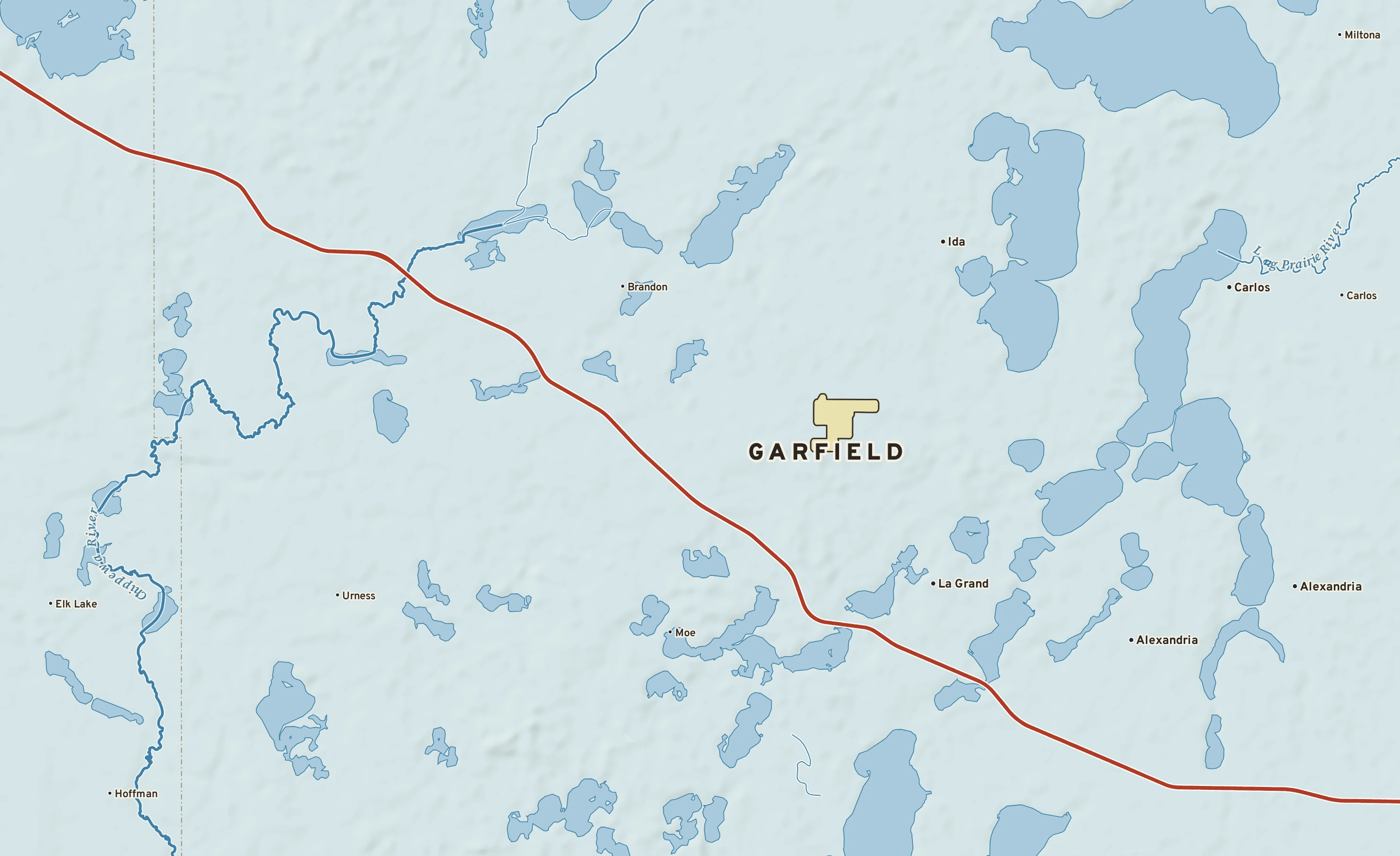 Shaded-relief atlas plate of Garfield, Minnesota: rivers, roads, the city limits and where the water drains.