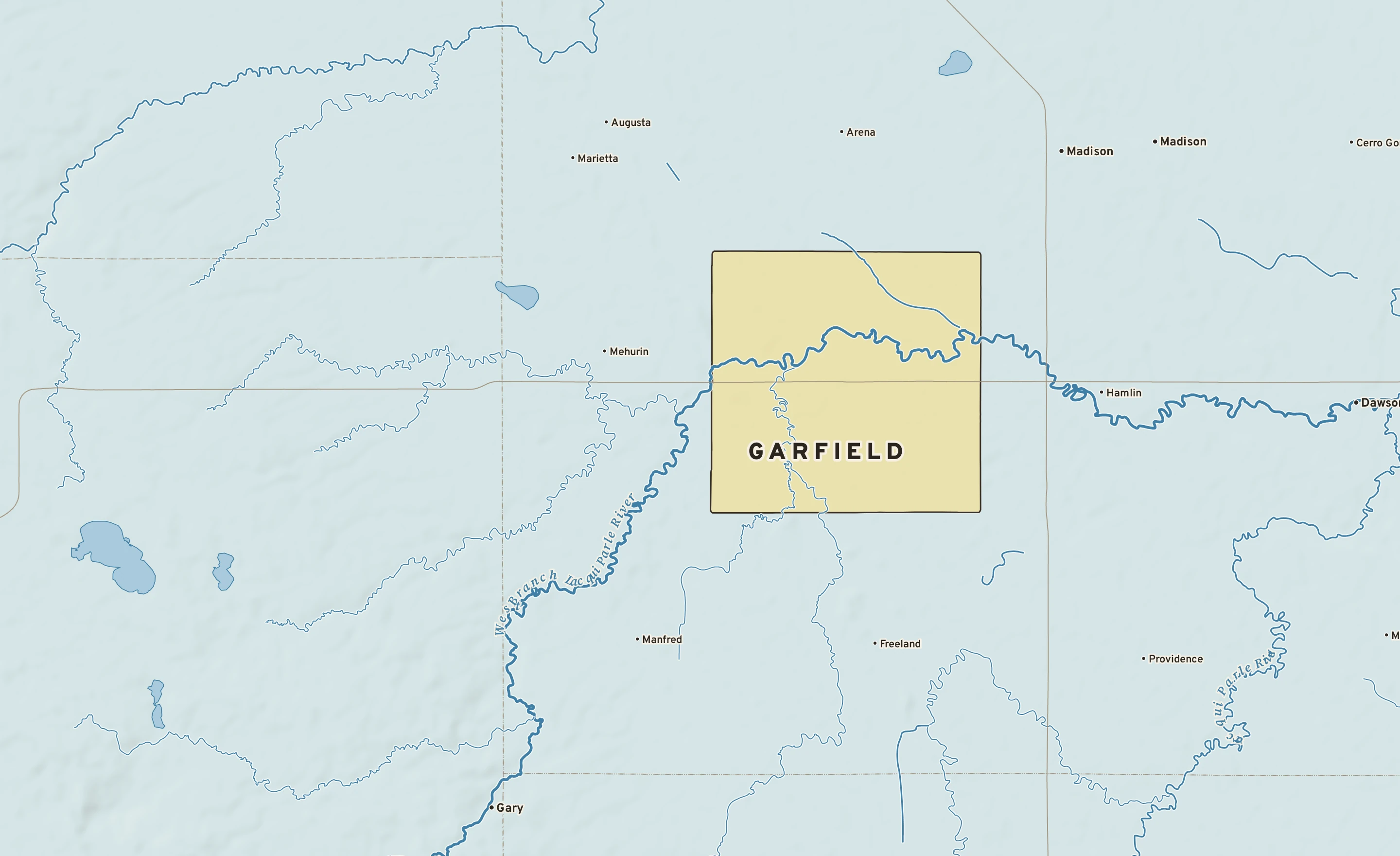 Shaded-relief atlas plate of Garfield, Minnesota: rivers, roads, the city limits and where the water drains.