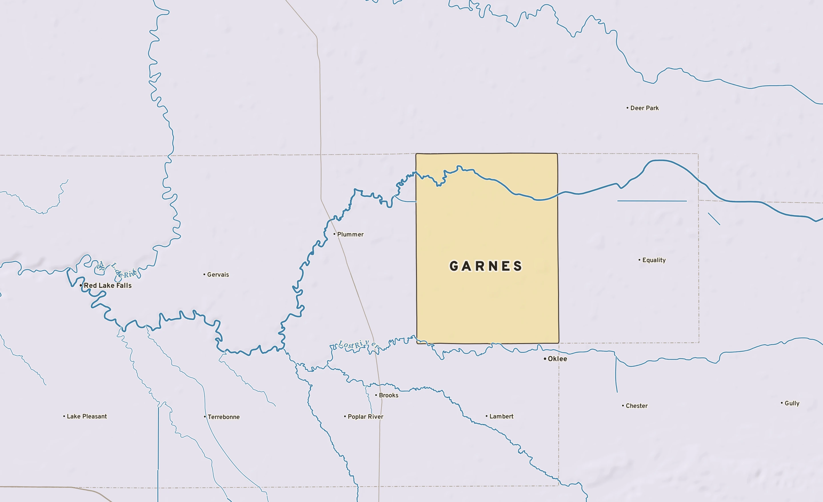 Shaded-relief atlas plate of Garnes, Minnesota: rivers, roads, the city limits and where the water drains.
