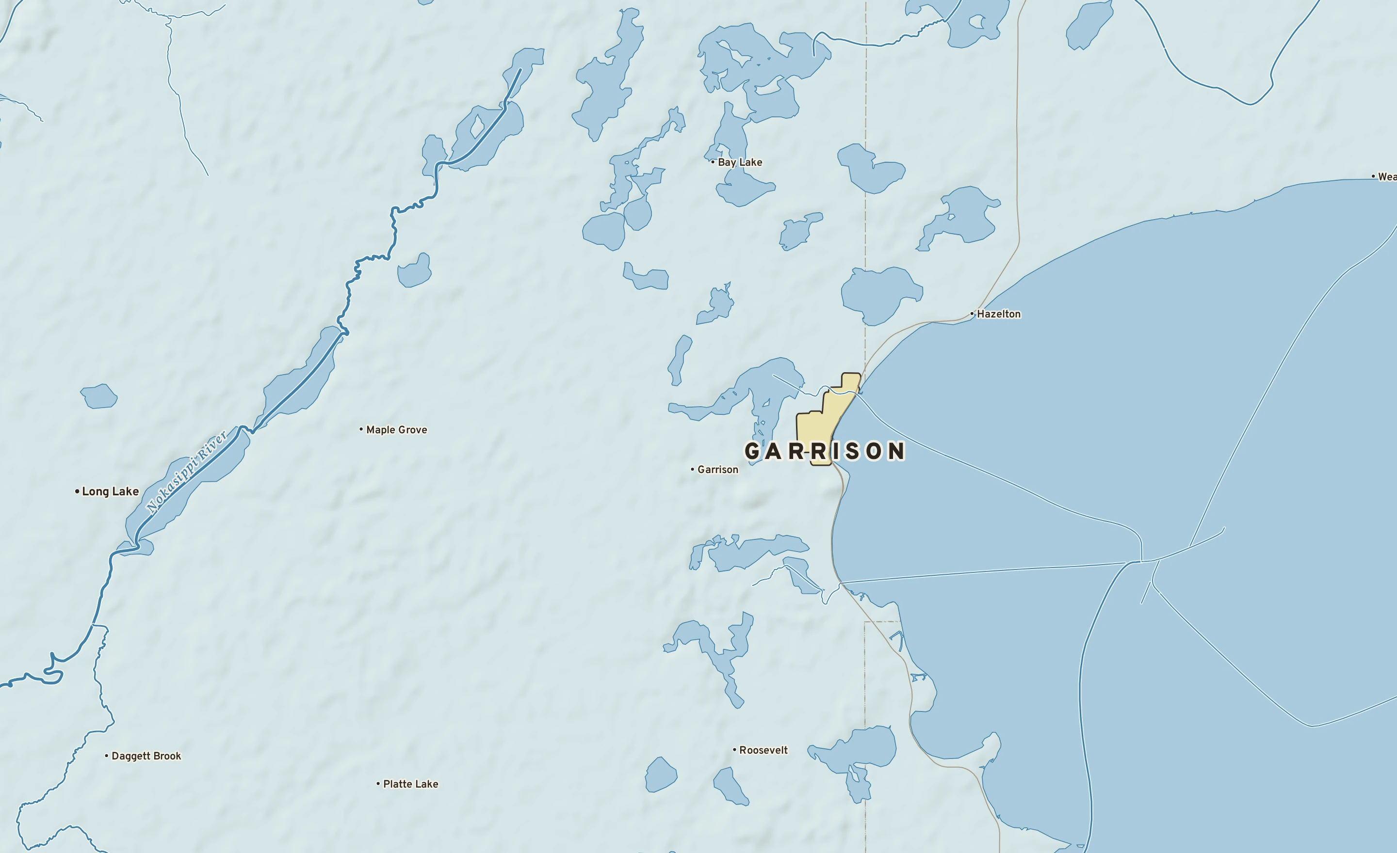 Shaded-relief atlas plate of Garrison, Minnesota: rivers, roads, the city limits and where the water drains.