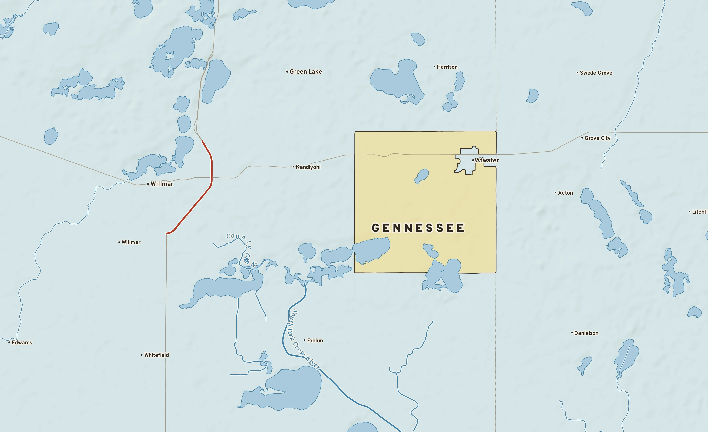 Shaded-relief atlas plate of Gennessee, Minnesota: rivers, roads, the city limits and where the water drains.