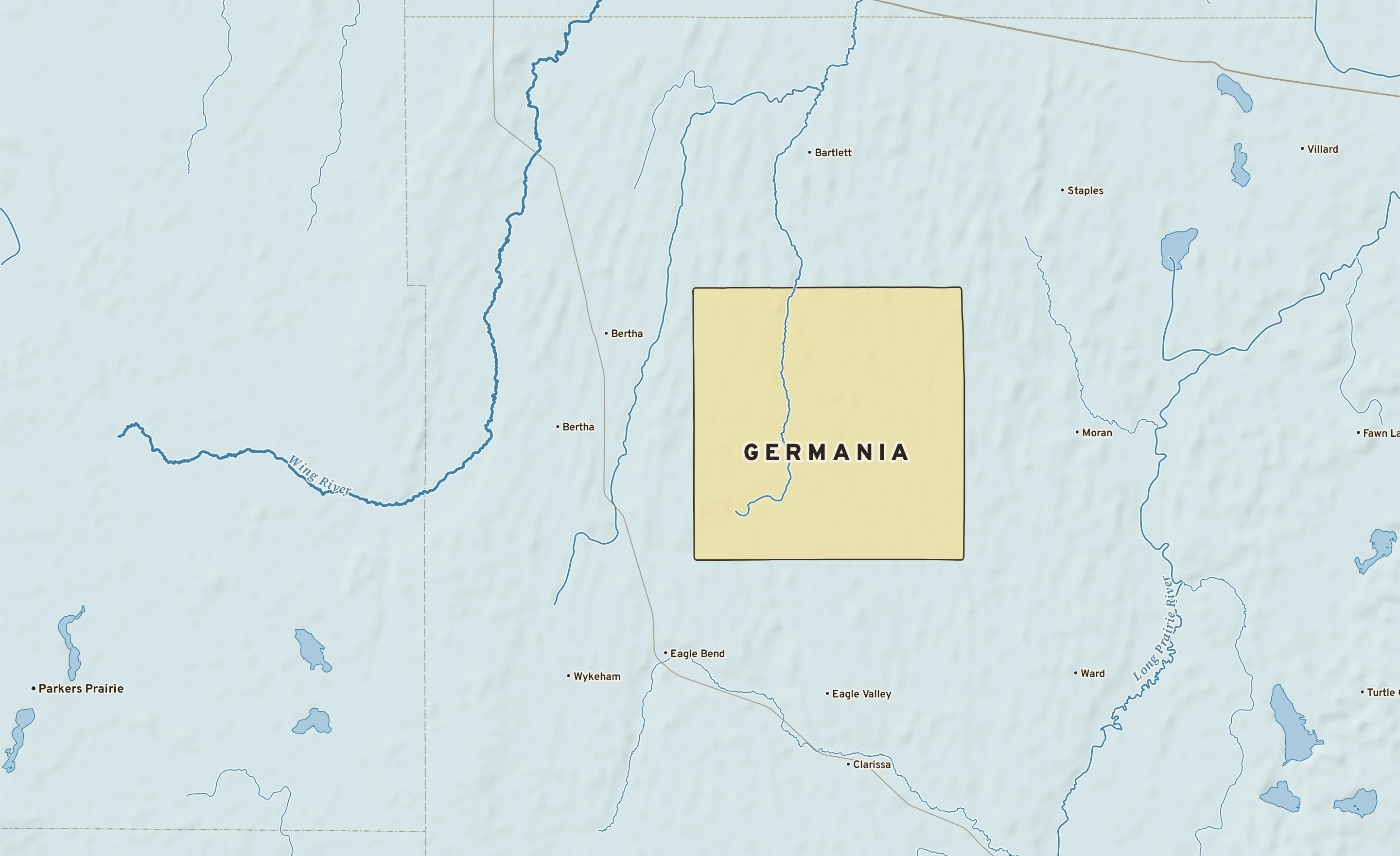 Shaded-relief atlas plate of Germania, Minnesota: rivers, roads, the city limits and where the water drains.