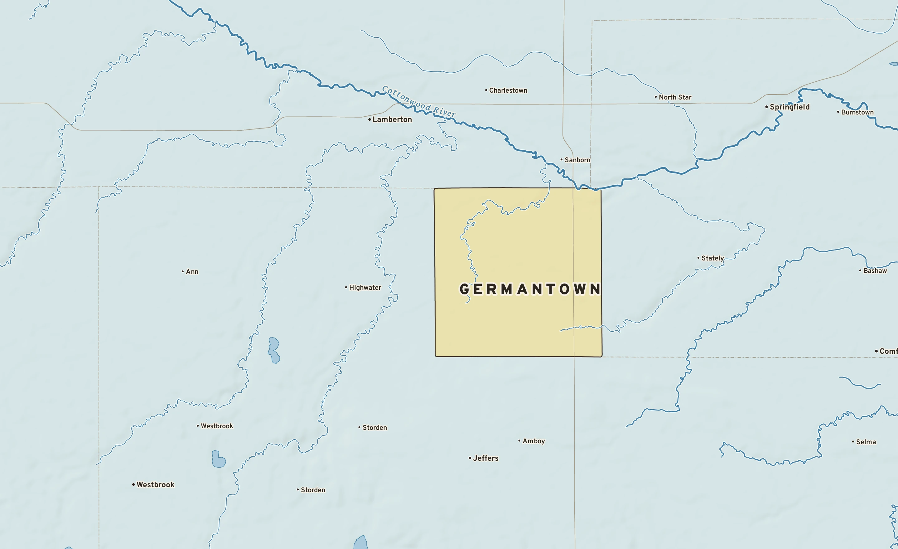 Shaded-relief atlas plate of Germantown, Minnesota: rivers, roads, the city limits and where the water drains.