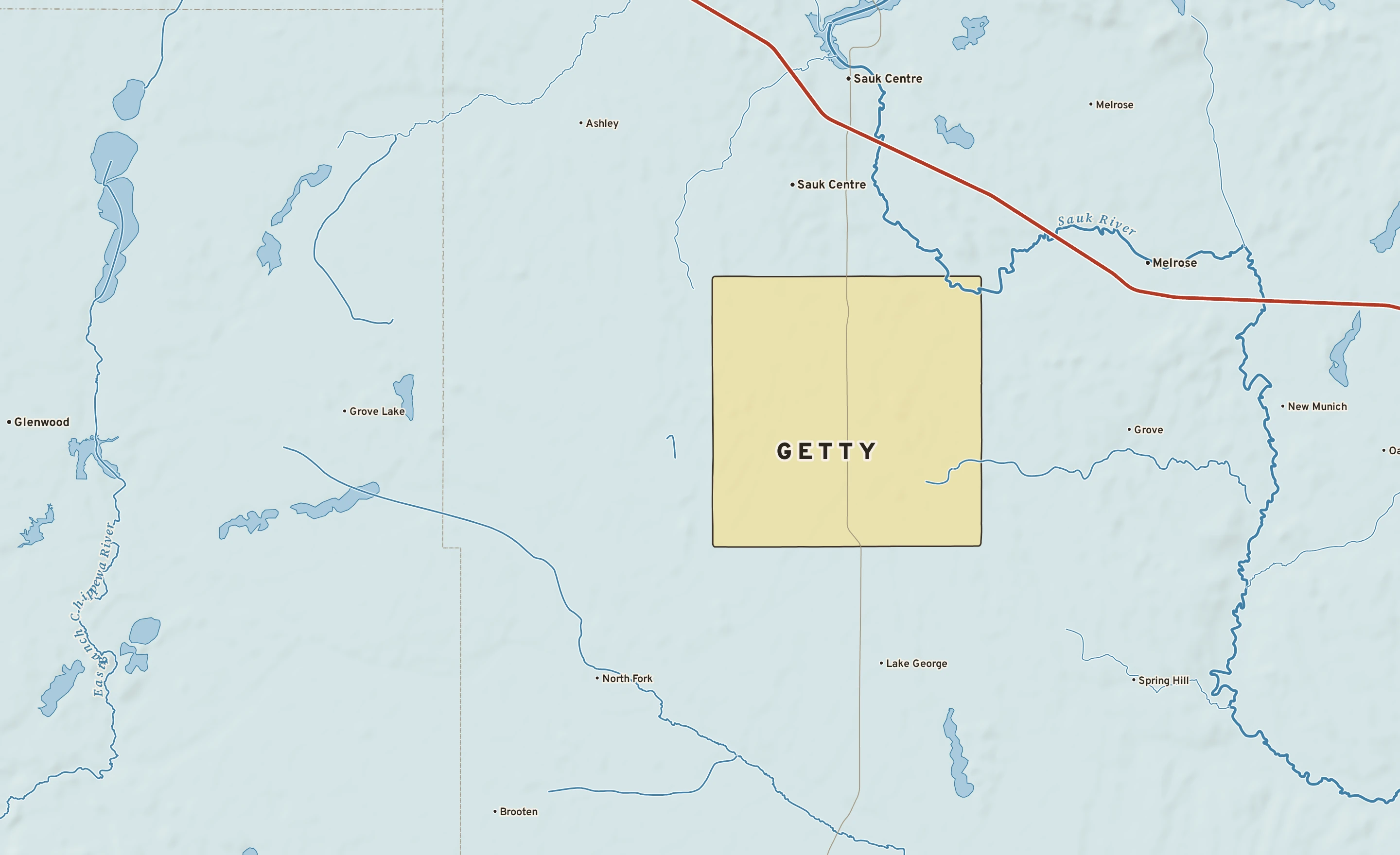 Shaded-relief atlas plate of Getty, Minnesota: rivers, roads, the city limits and where the water drains.
