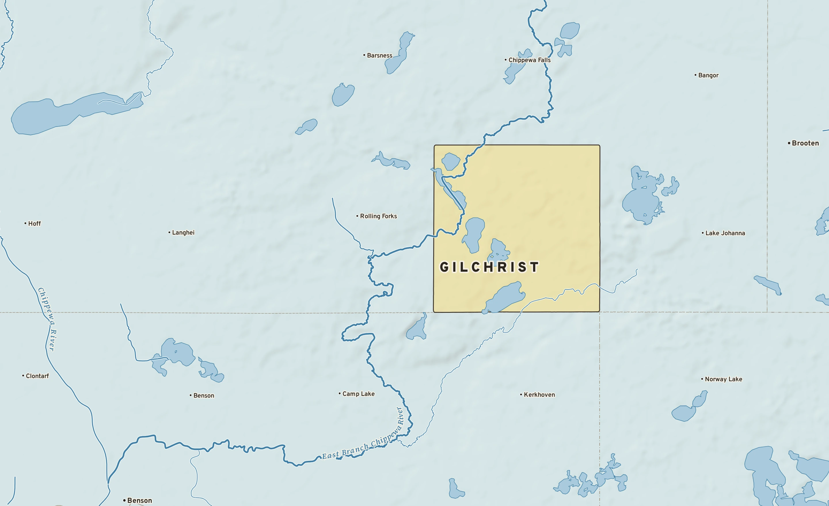 Shaded-relief atlas plate of Gilchrist, Minnesota: rivers, roads, the city limits and where the water drains.