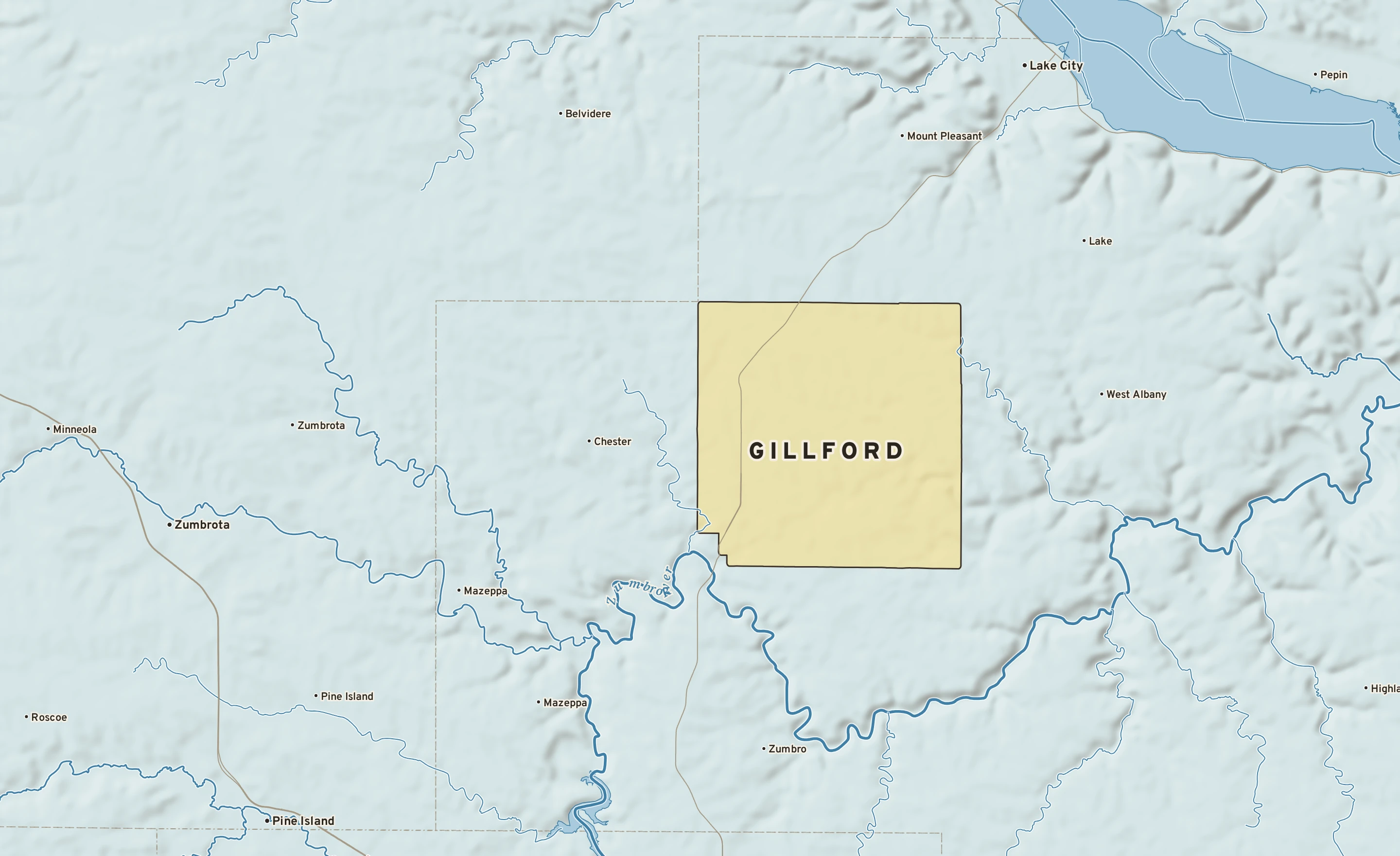 Shaded-relief atlas plate of Gillford, Minnesota: rivers, roads, the city limits and where the water drains.