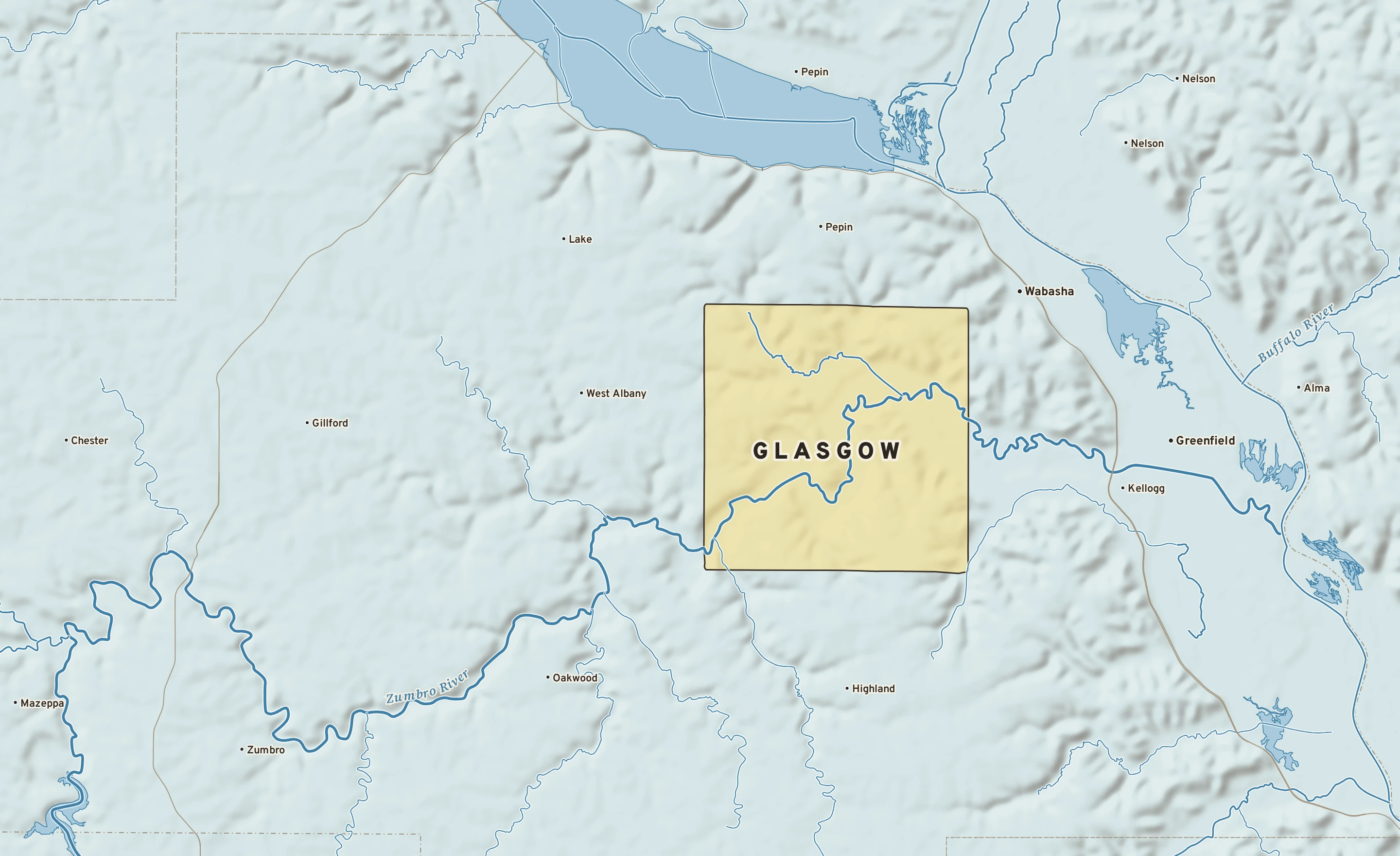 Shaded-relief atlas plate of Glasgow, Minnesota: rivers, roads, the city limits and where the water drains.