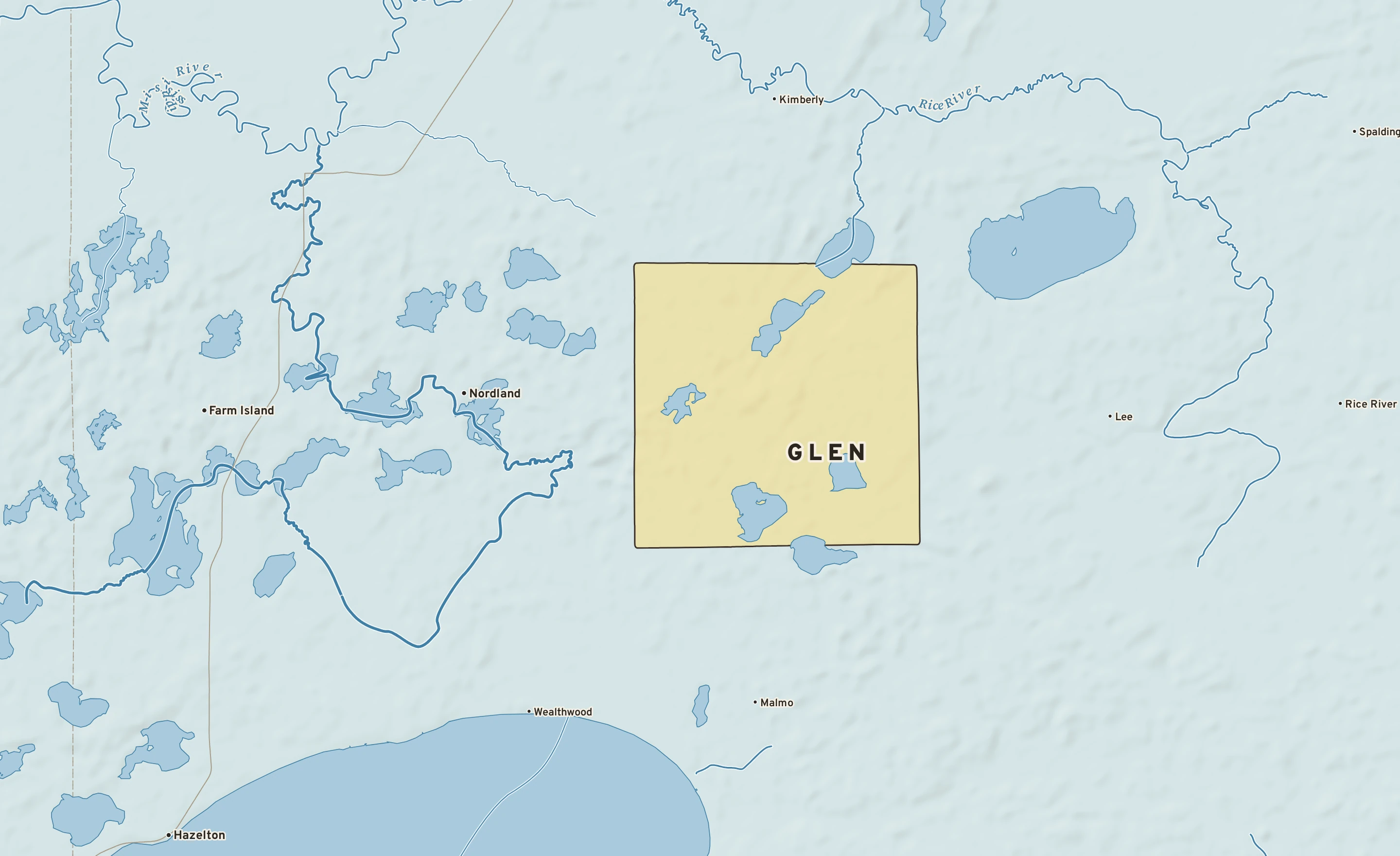 Shaded-relief atlas plate of Glen, Minnesota: rivers, roads, the city limits and where the water drains.