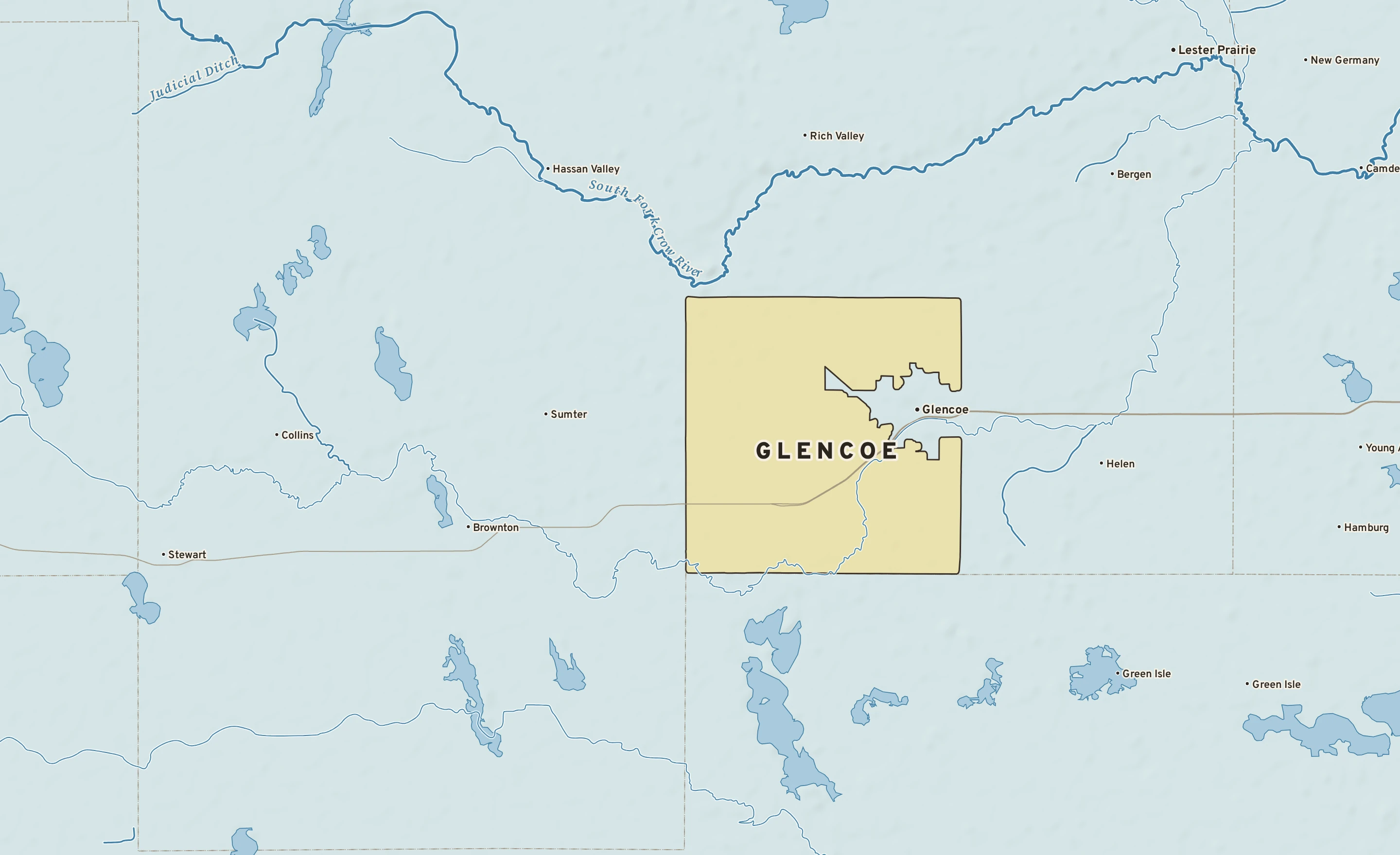 Shaded-relief atlas plate of Glencoe, Minnesota: rivers, roads, the city limits and where the water drains.