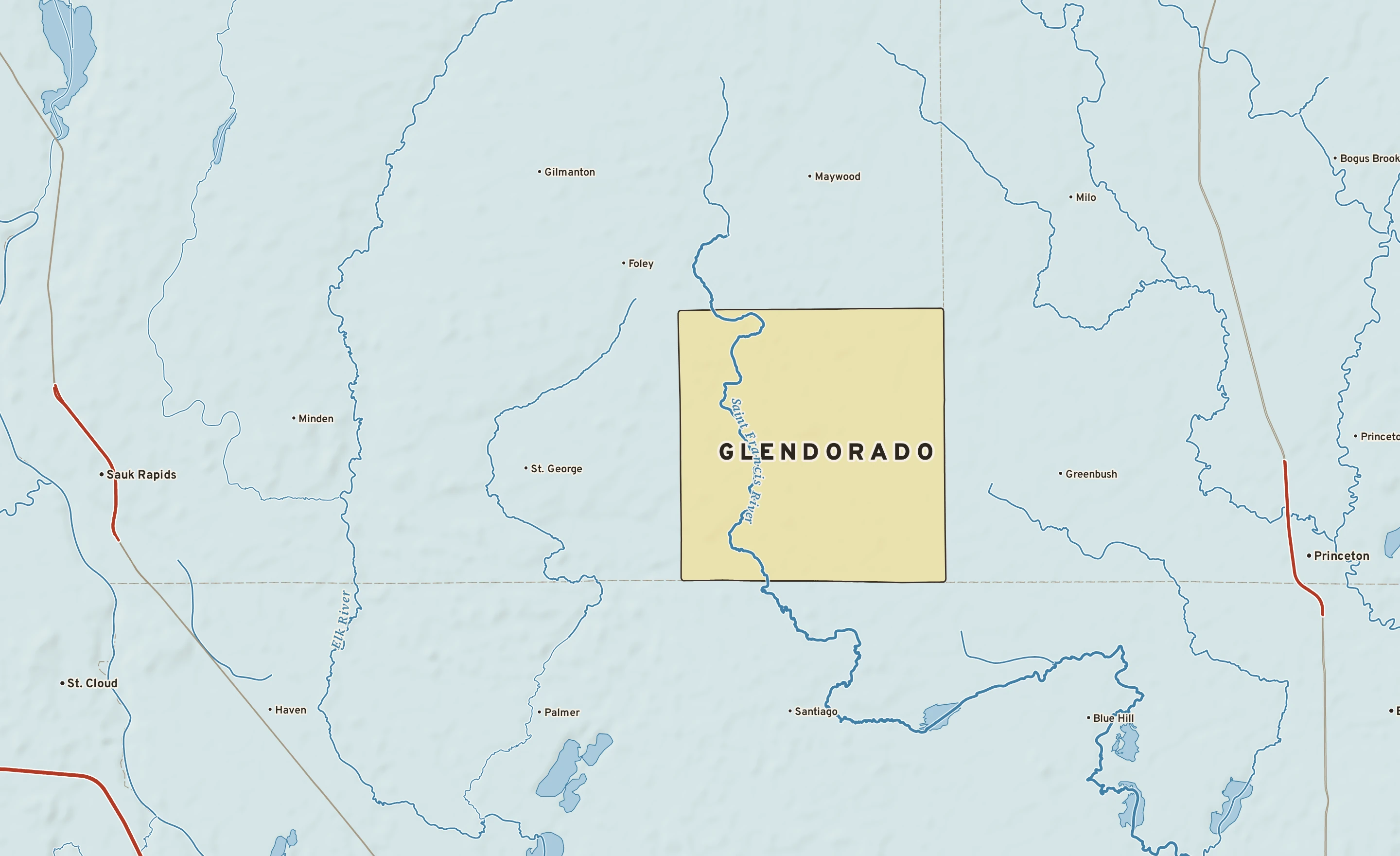 Shaded-relief atlas plate of Glendorado, Minnesota: rivers, roads, the city limits and where the water drains.