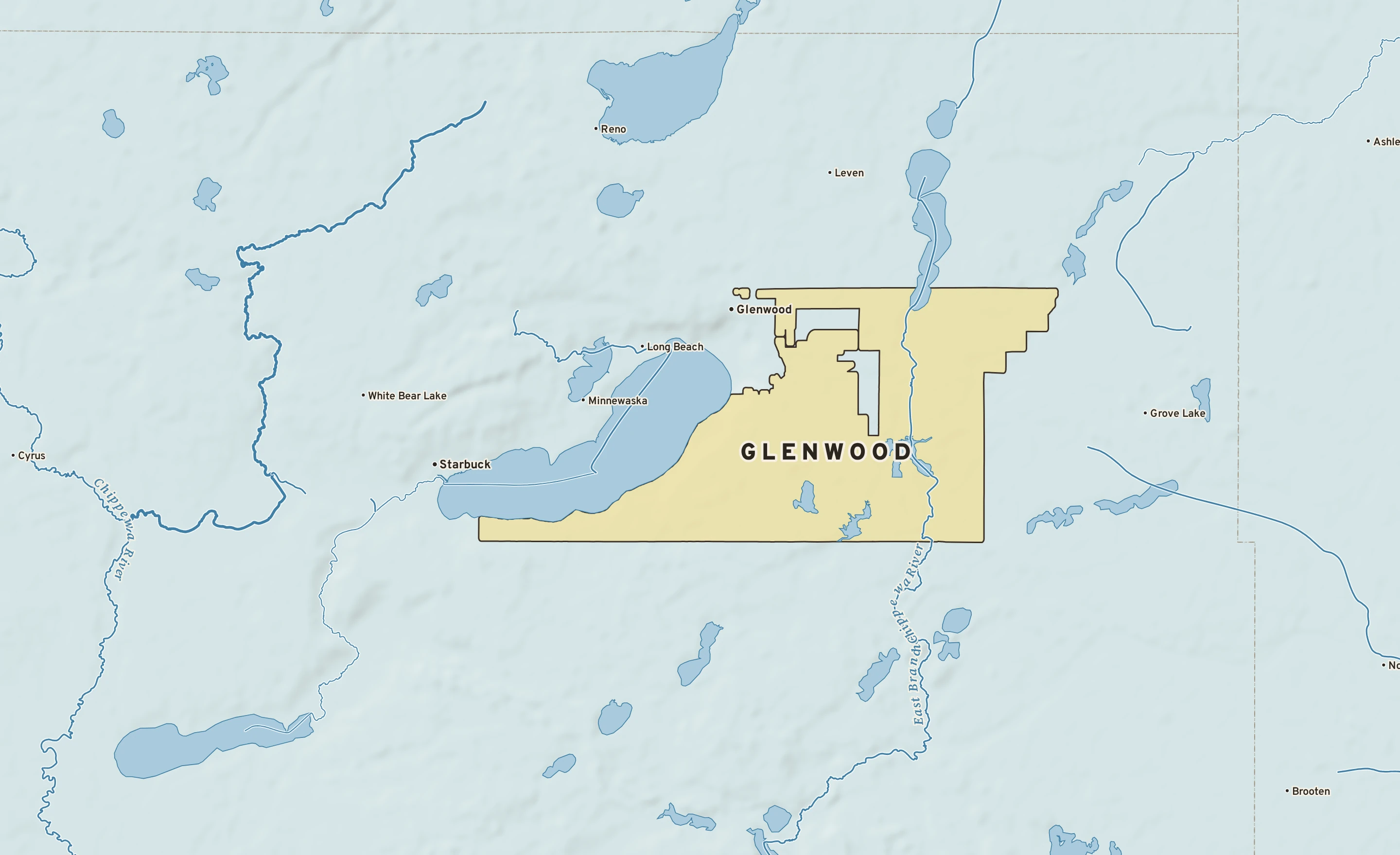 Shaded-relief atlas plate of Glenwood, Minnesota: rivers, roads, the city limits and where the water drains.