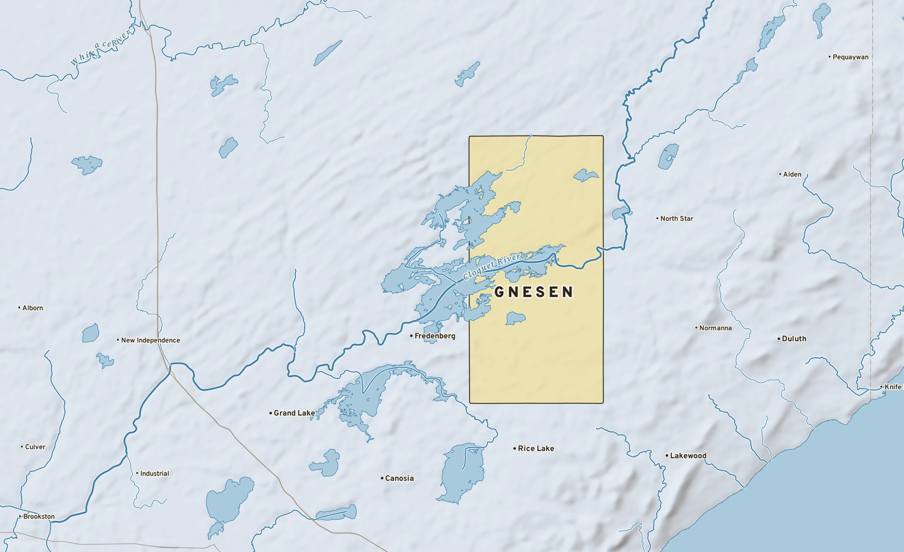 Shaded-relief atlas plate of Gnesen, Minnesota: rivers, roads, the city limits and where the water drains.