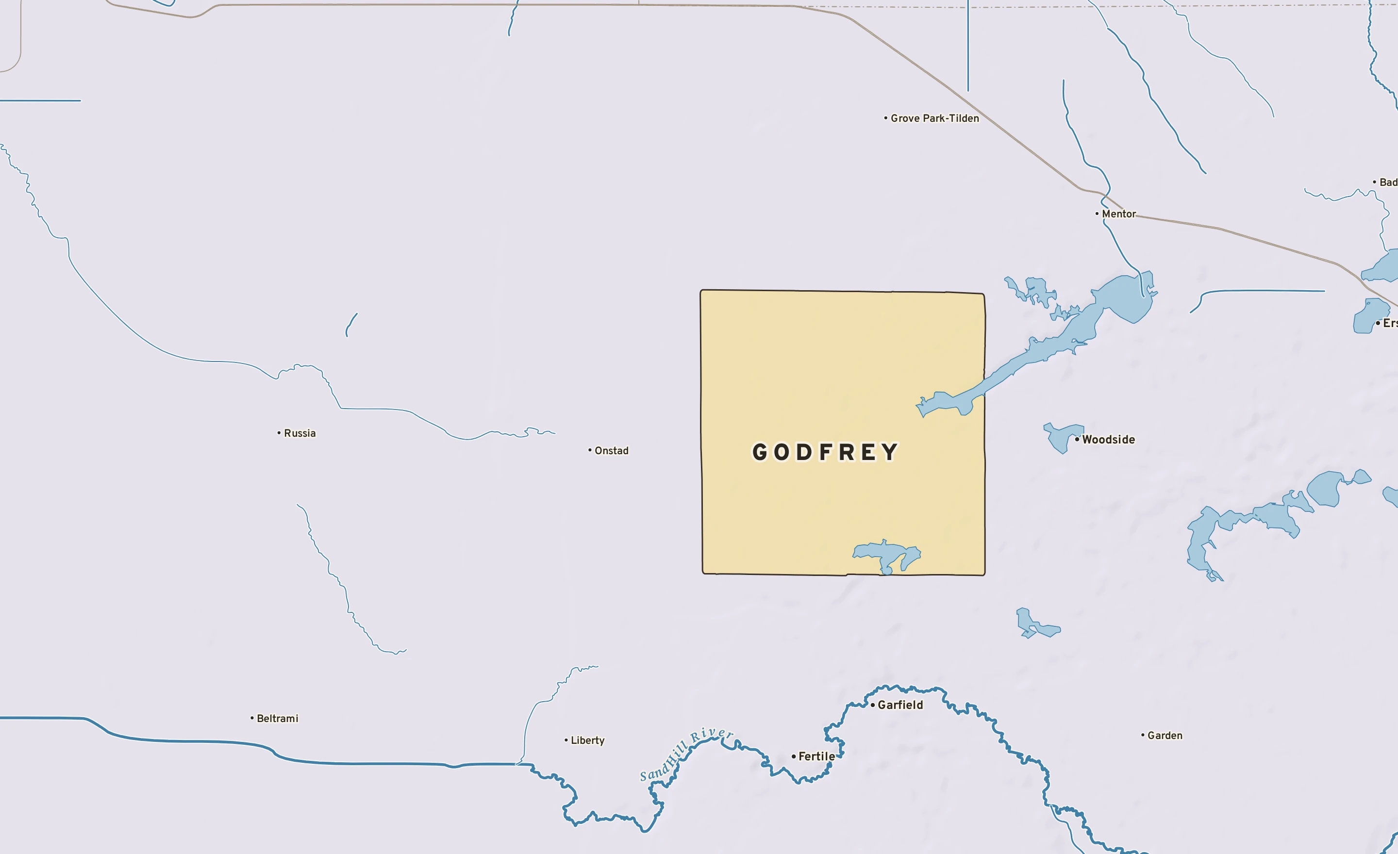 Shaded-relief atlas plate of Godfrey, Minnesota: rivers, roads, the city limits and where the water drains.