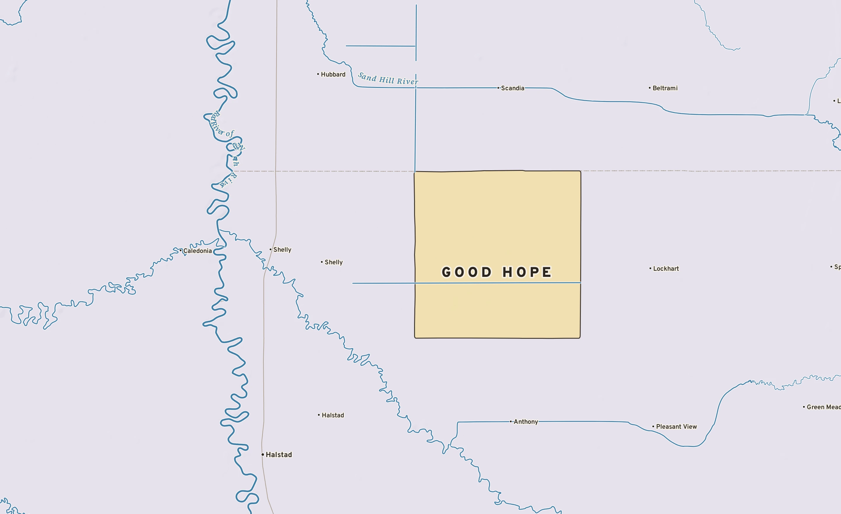 Shaded-relief atlas plate of Good Hope, Minnesota: rivers, roads, the city limits and where the water drains.