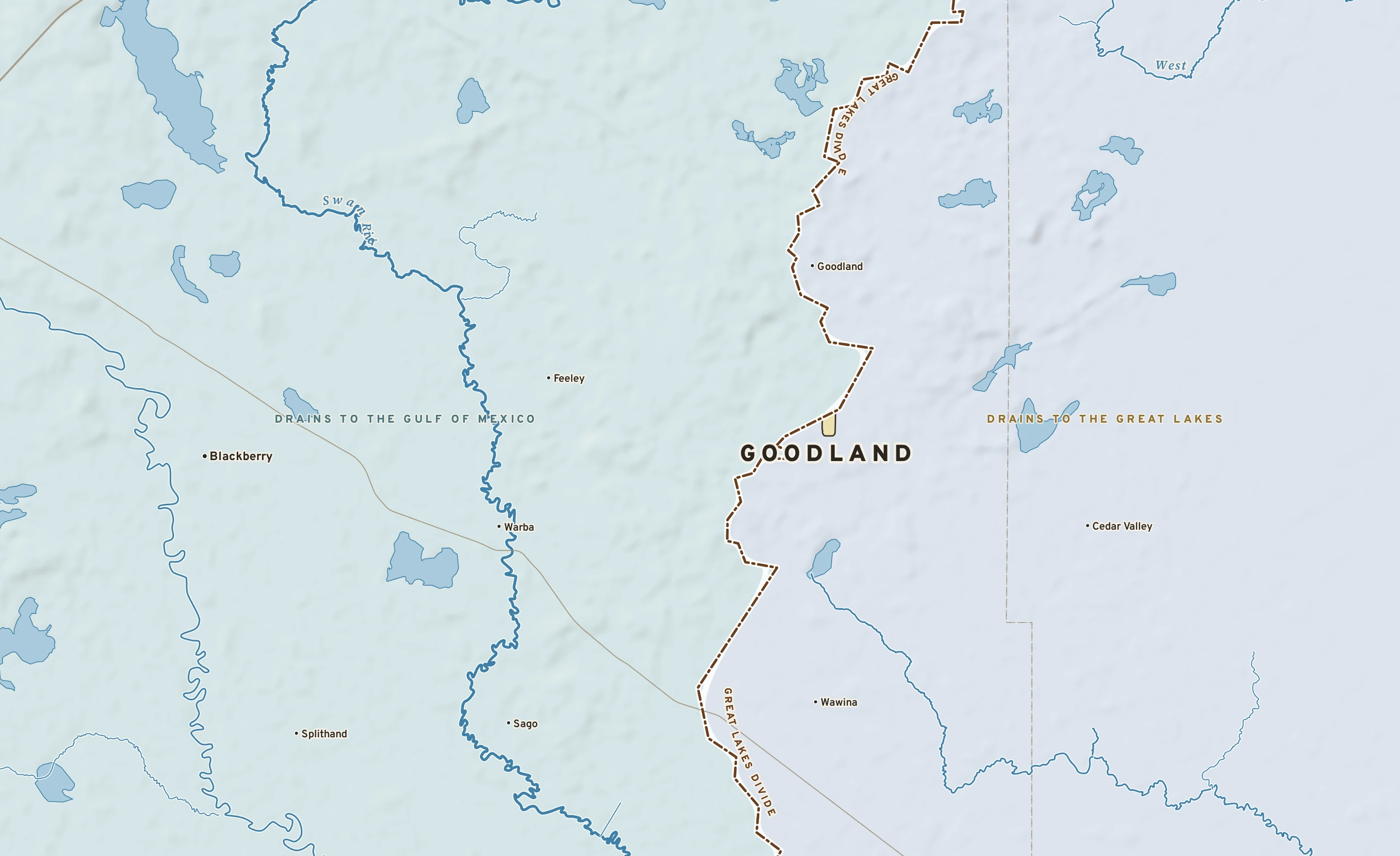 Shaded-relief atlas plate of Goodland, Minnesota: rivers, roads, the city limits and where the water drains.