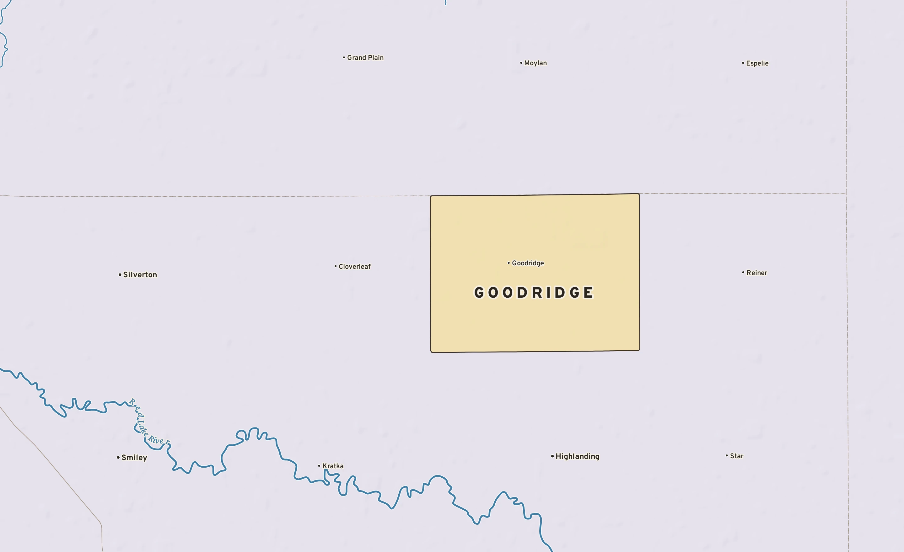 Shaded-relief atlas plate of Goodridge, Minnesota: rivers, roads, the city limits and where the water drains.