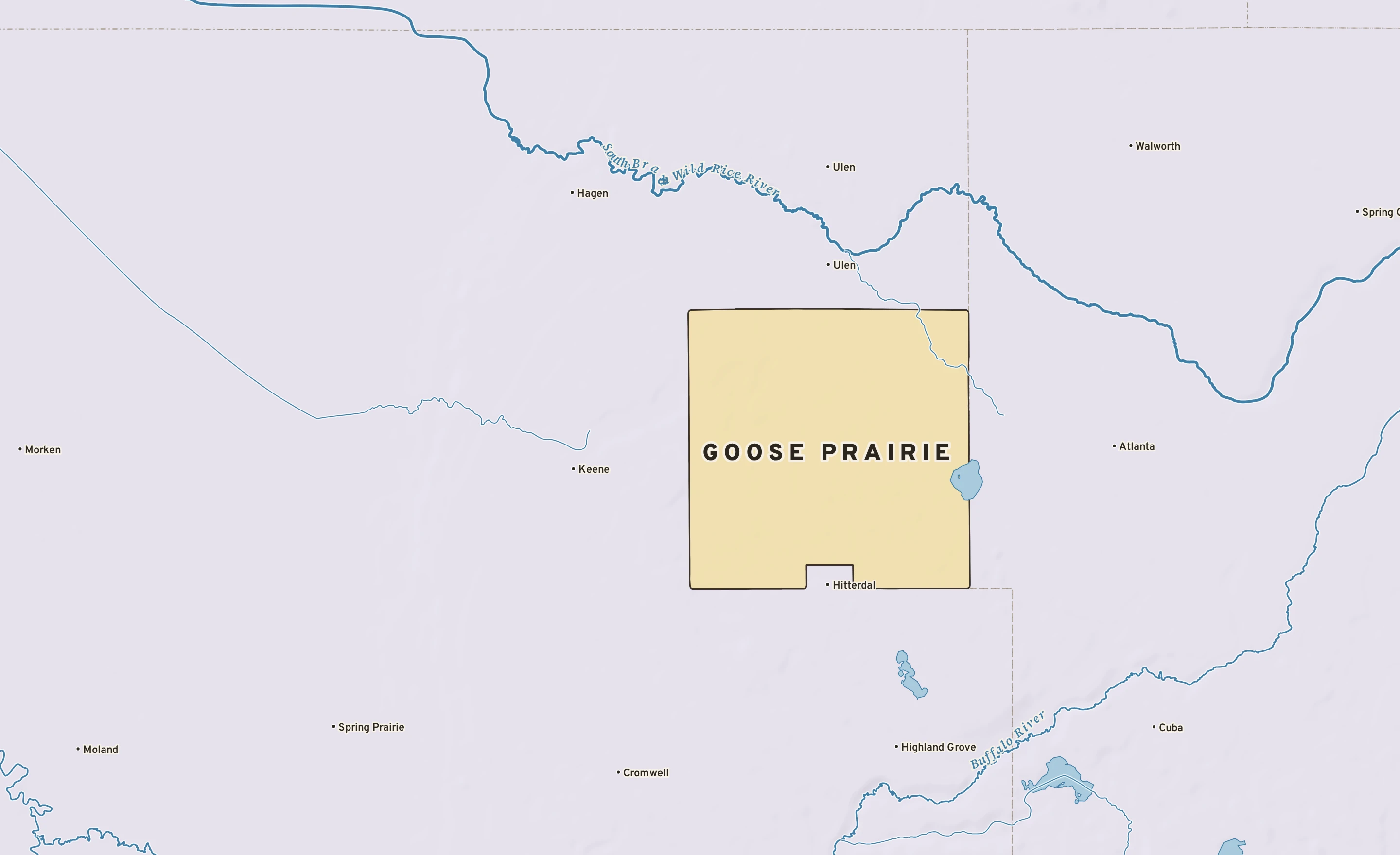 Shaded-relief atlas plate of Goose Prairie, Minnesota: rivers, roads, the city limits and where the water drains.
