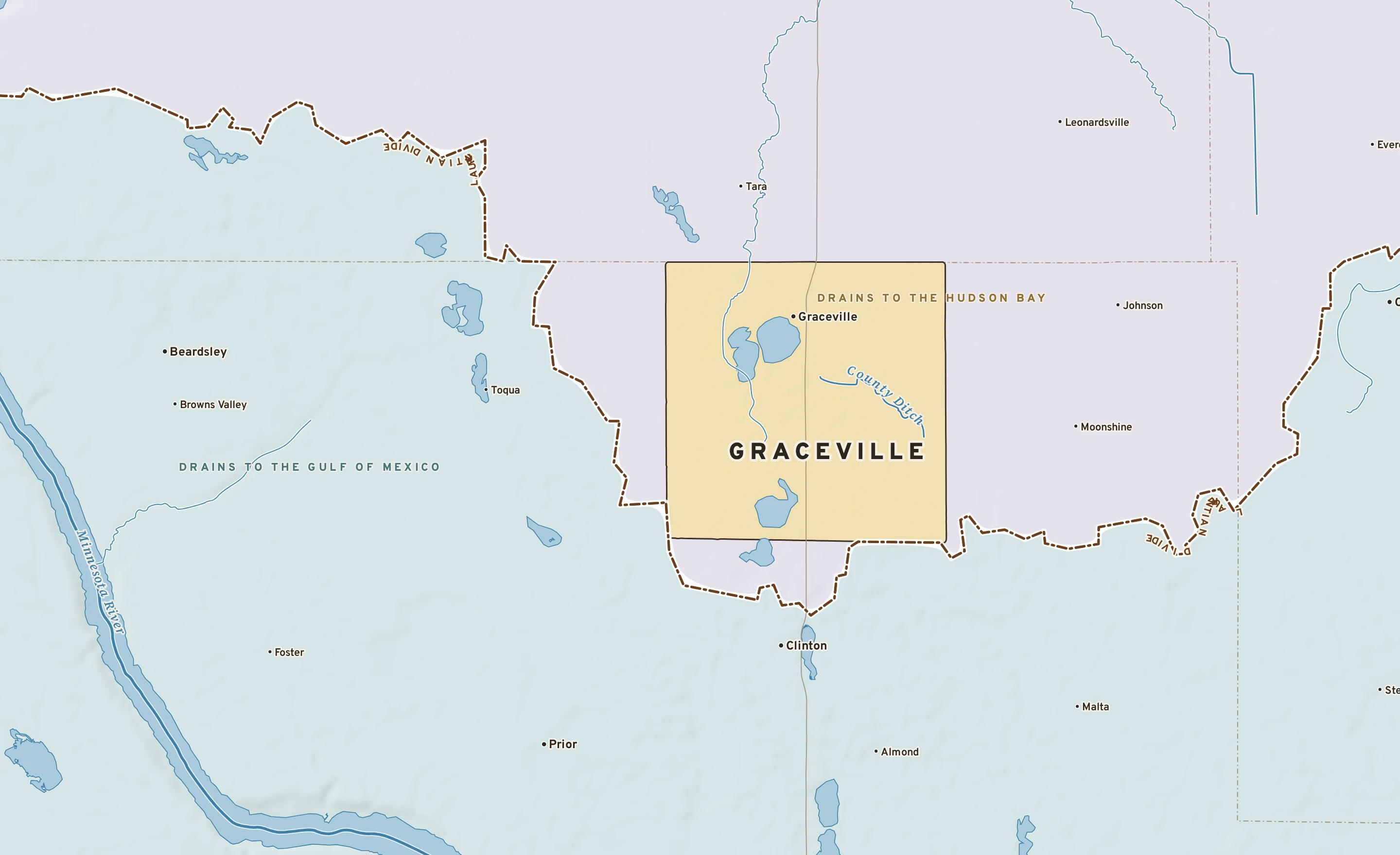 Shaded-relief atlas plate of Graceville, Minnesota: rivers, roads, the city limits and where the water drains.