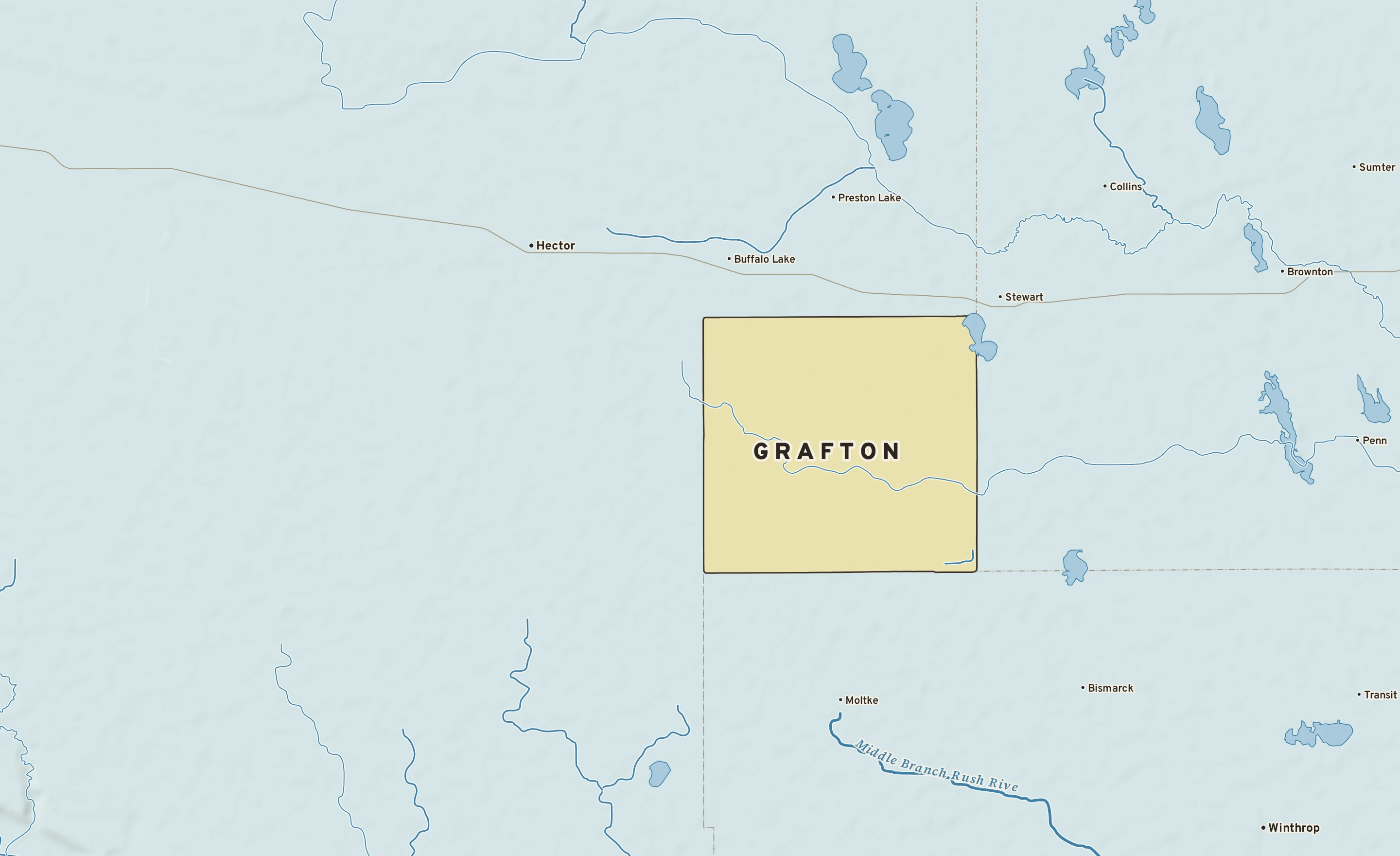 Shaded-relief atlas plate of Grafton, Minnesota: rivers, roads, the city limits and where the water drains.