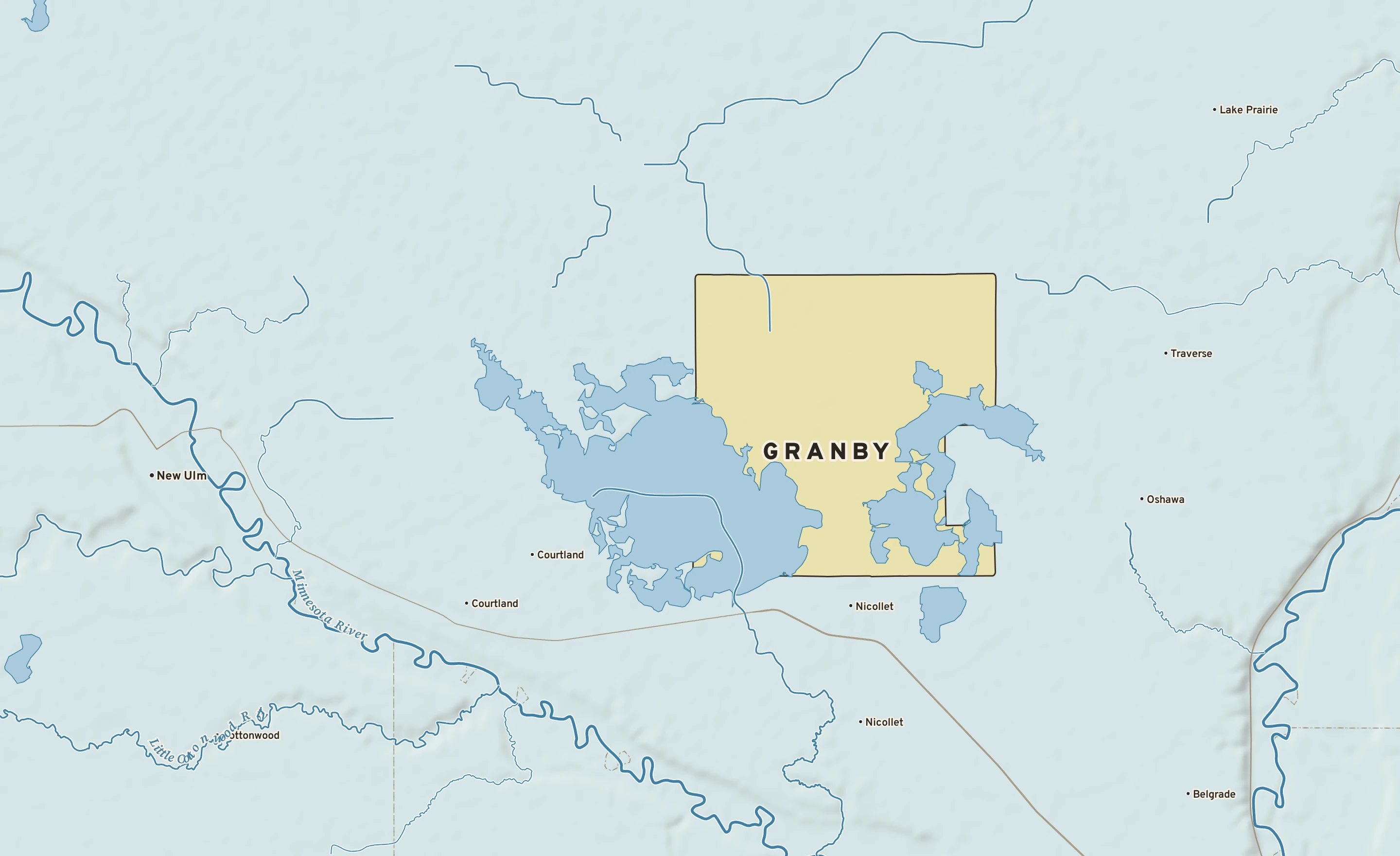 Shaded-relief atlas plate of Granby, Minnesota: rivers, roads, the city limits and where the water drains.