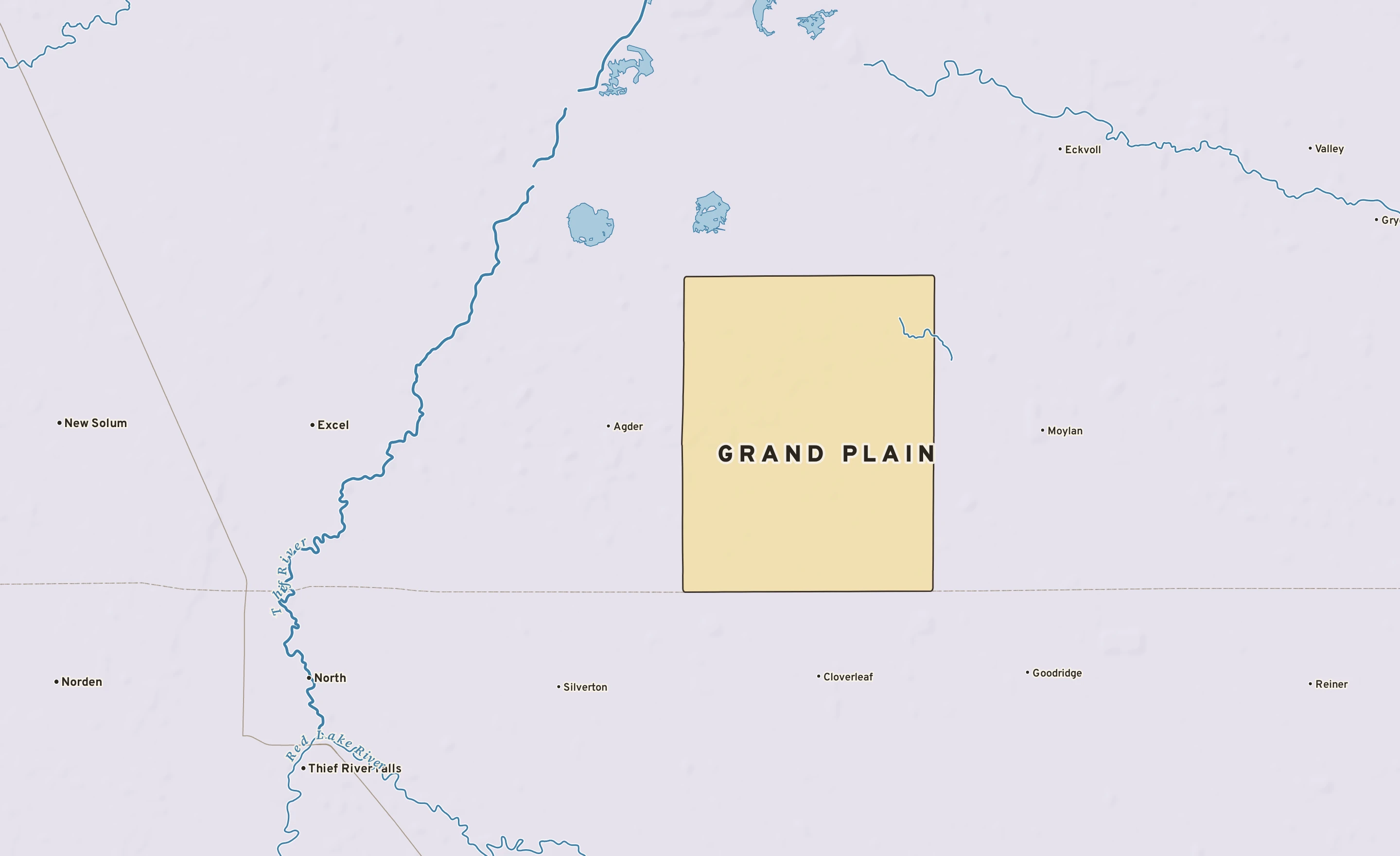 Shaded-relief atlas plate of Grand Plain, Minnesota: rivers, roads, the city limits and where the water drains.