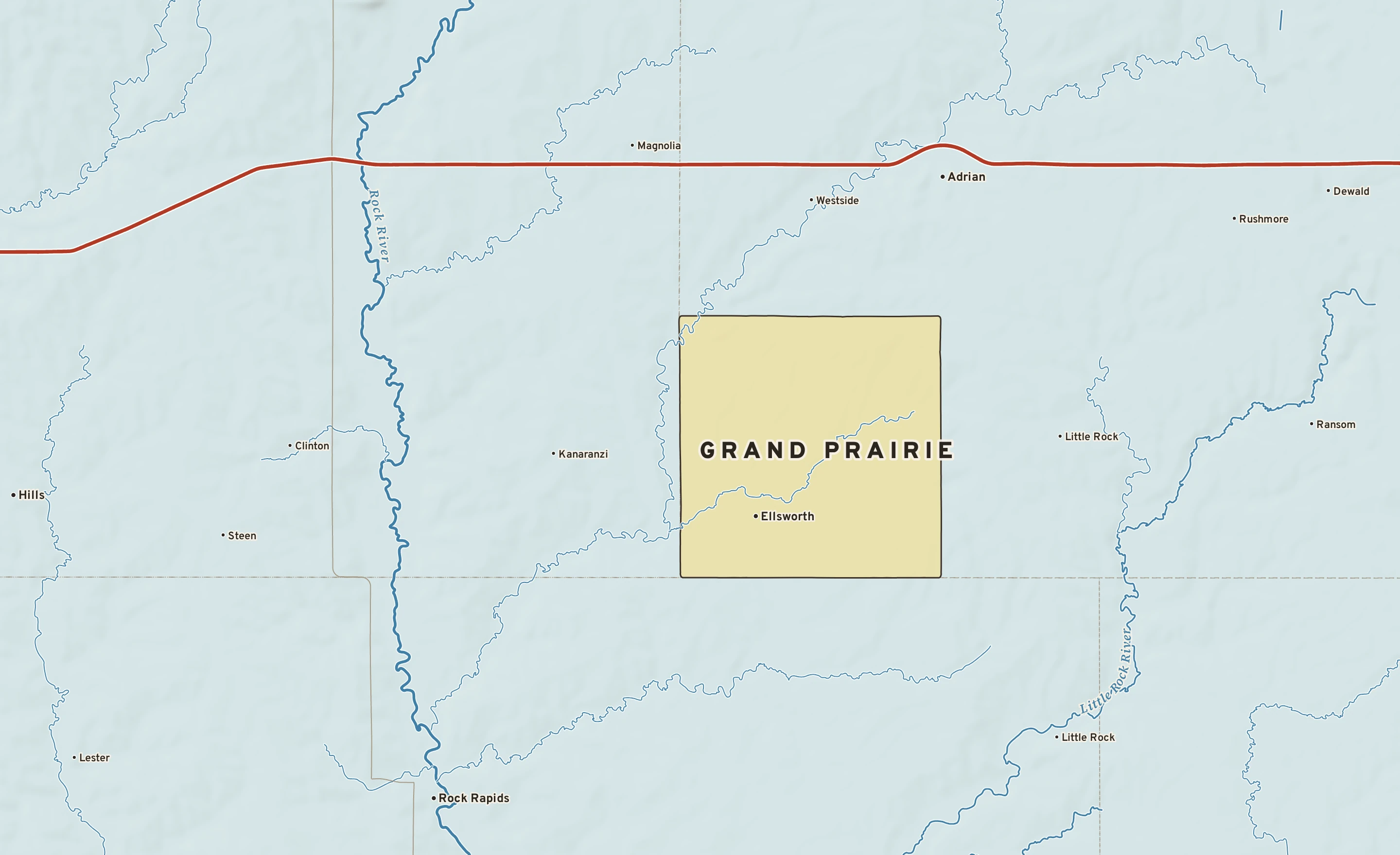 Shaded-relief atlas plate of Grand Prairie, Minnesota: rivers, roads, the city limits and where the water drains.