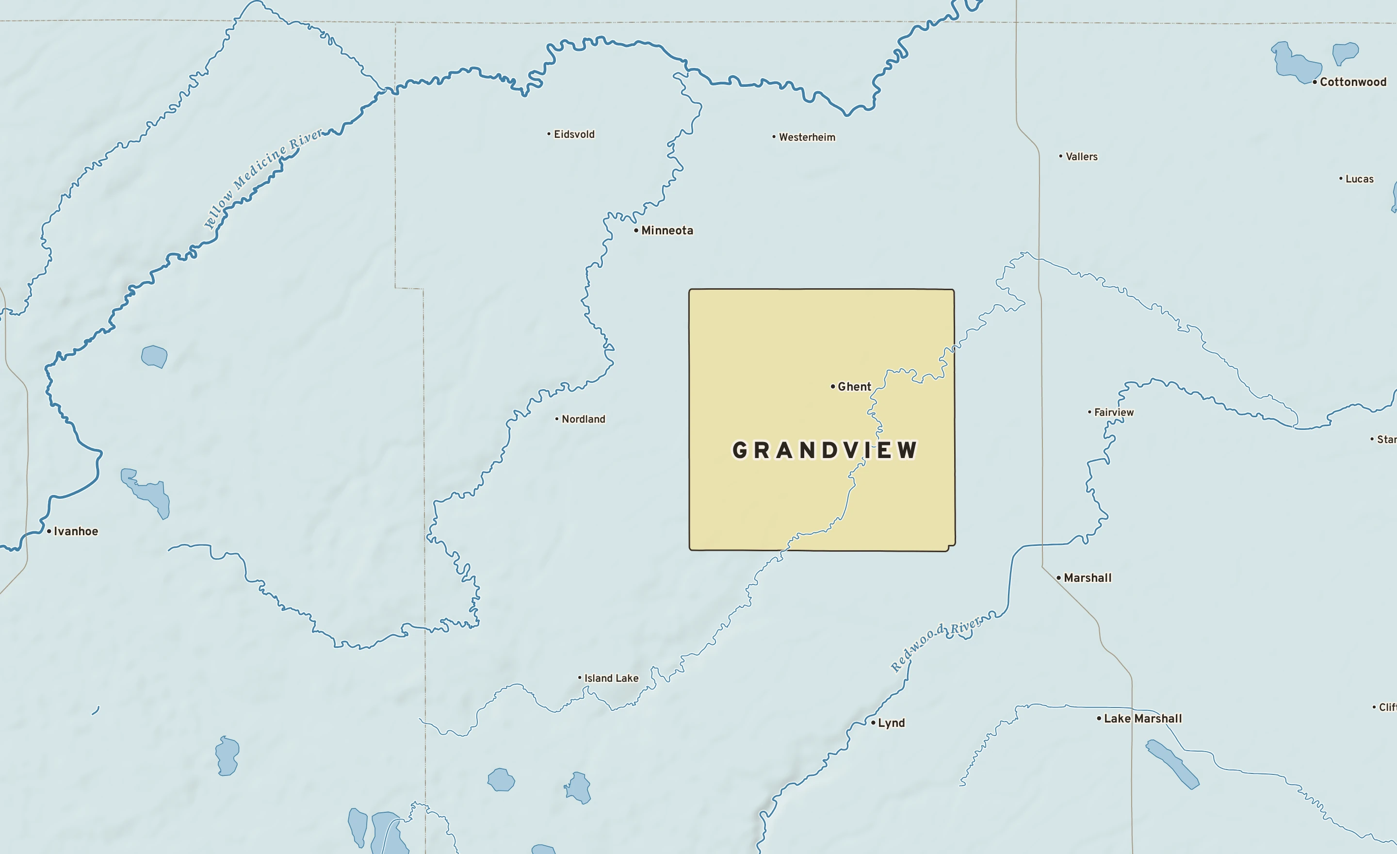Shaded-relief atlas plate of Grandview, Minnesota: rivers, roads, the city limits and where the water drains.