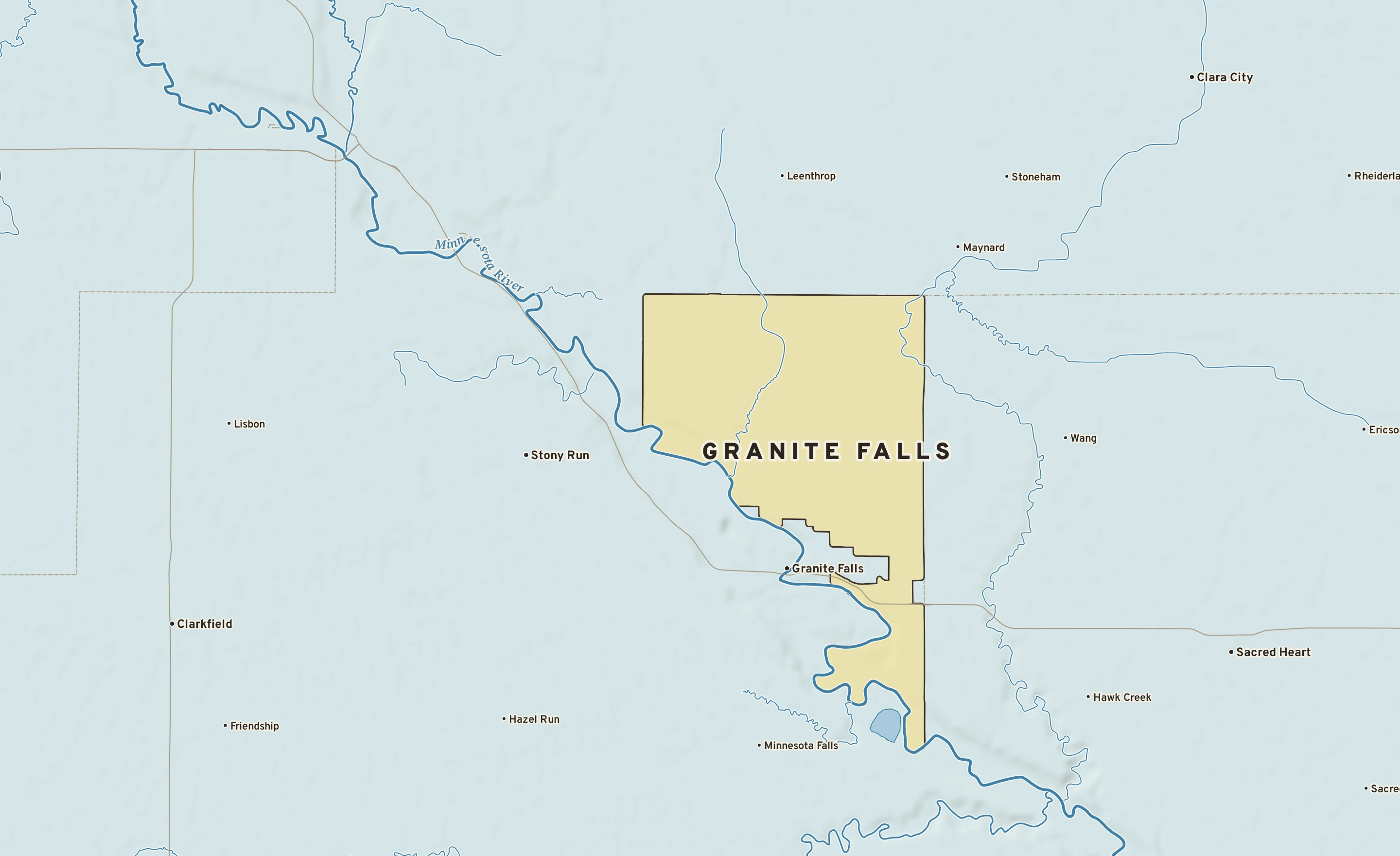 Shaded-relief atlas plate of Granite Falls, Minnesota: rivers, roads, the city limits and where the water drains.