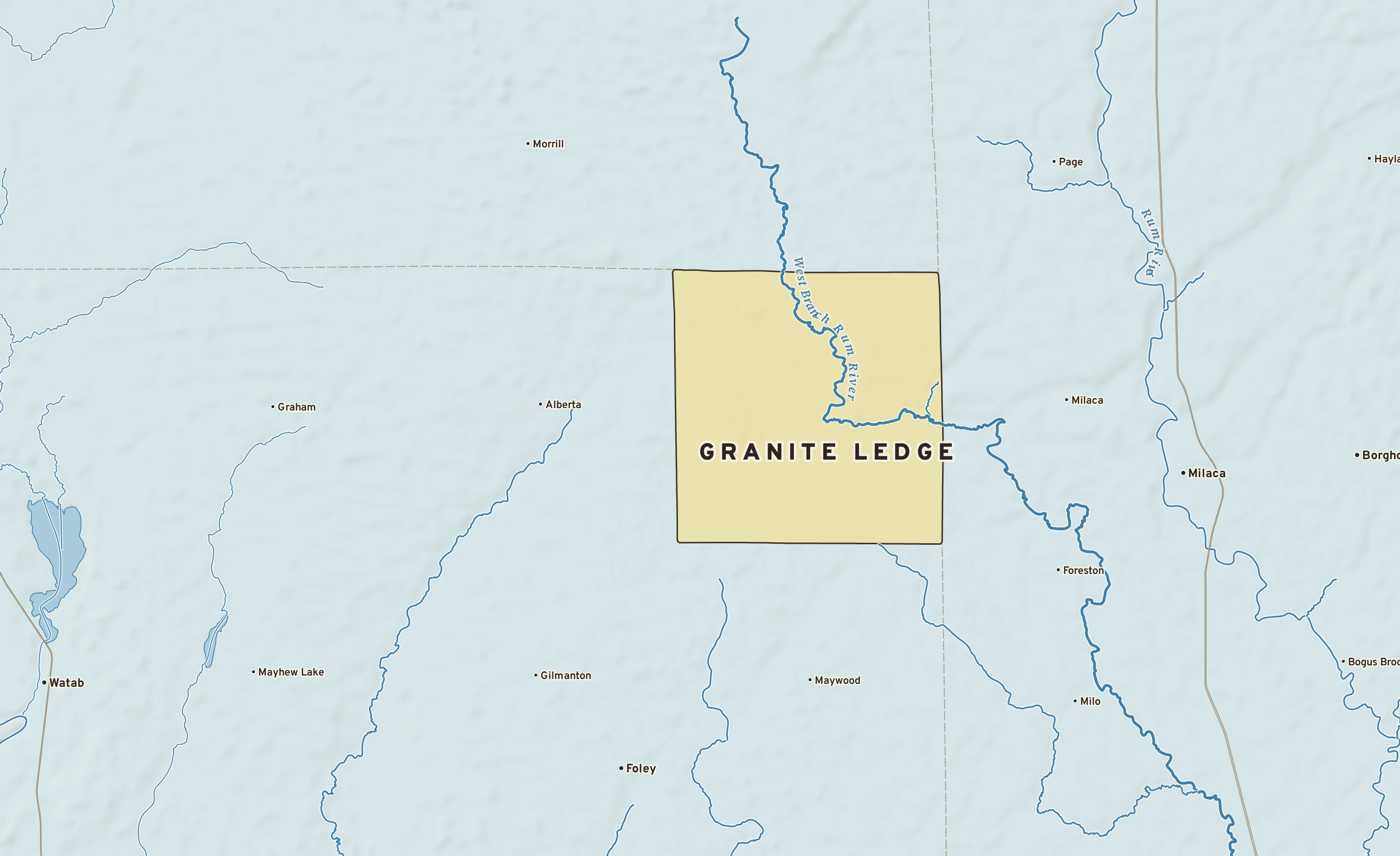 Shaded-relief atlas plate of Granite Ledge, Minnesota: rivers, roads, the city limits and where the water drains.