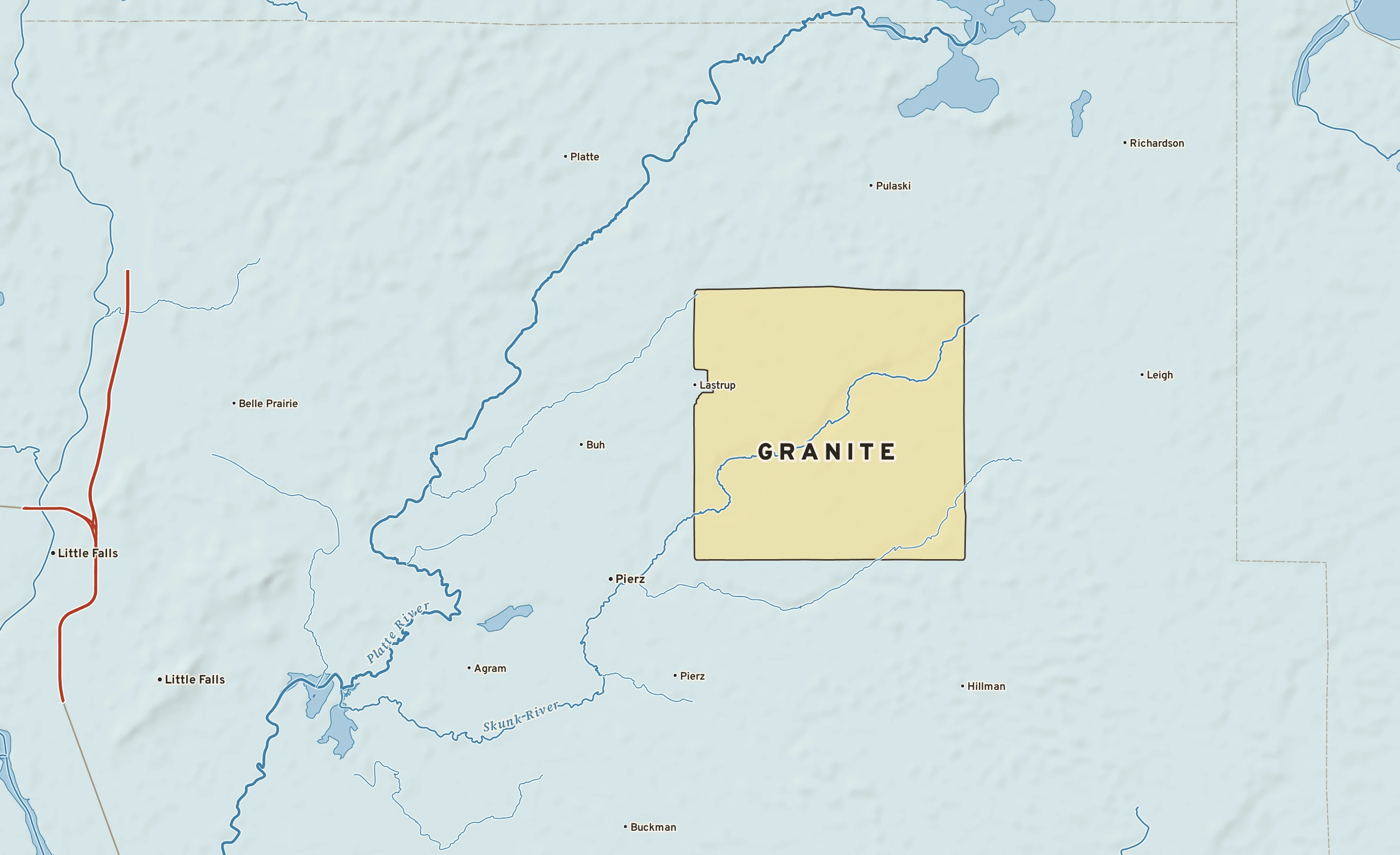 Shaded-relief atlas plate of Granite, Minnesota: rivers, roads, the city limits and where the water drains.