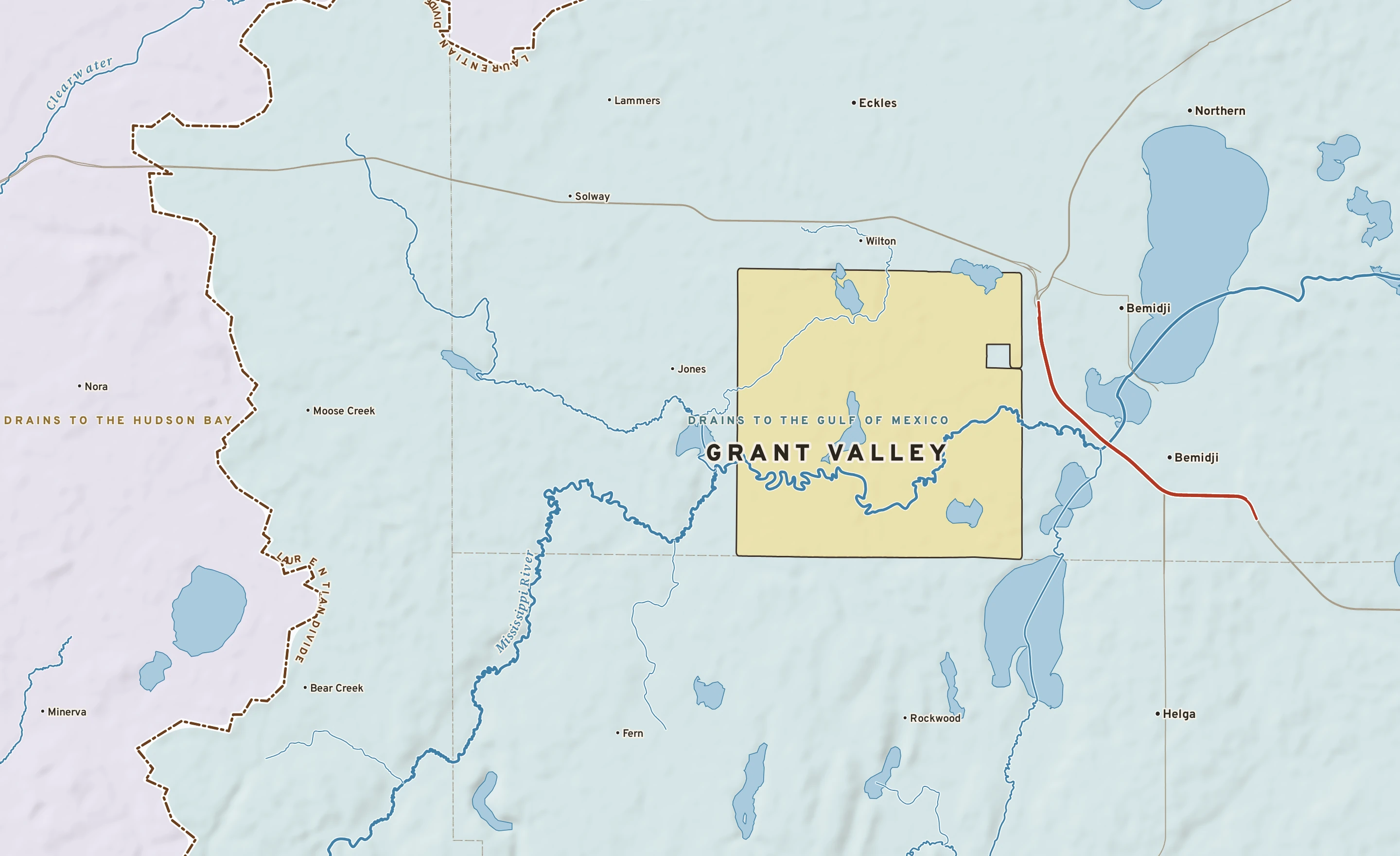 Shaded-relief atlas plate of Grant Valley, Minnesota: rivers, roads, the city limits and where the water drains.