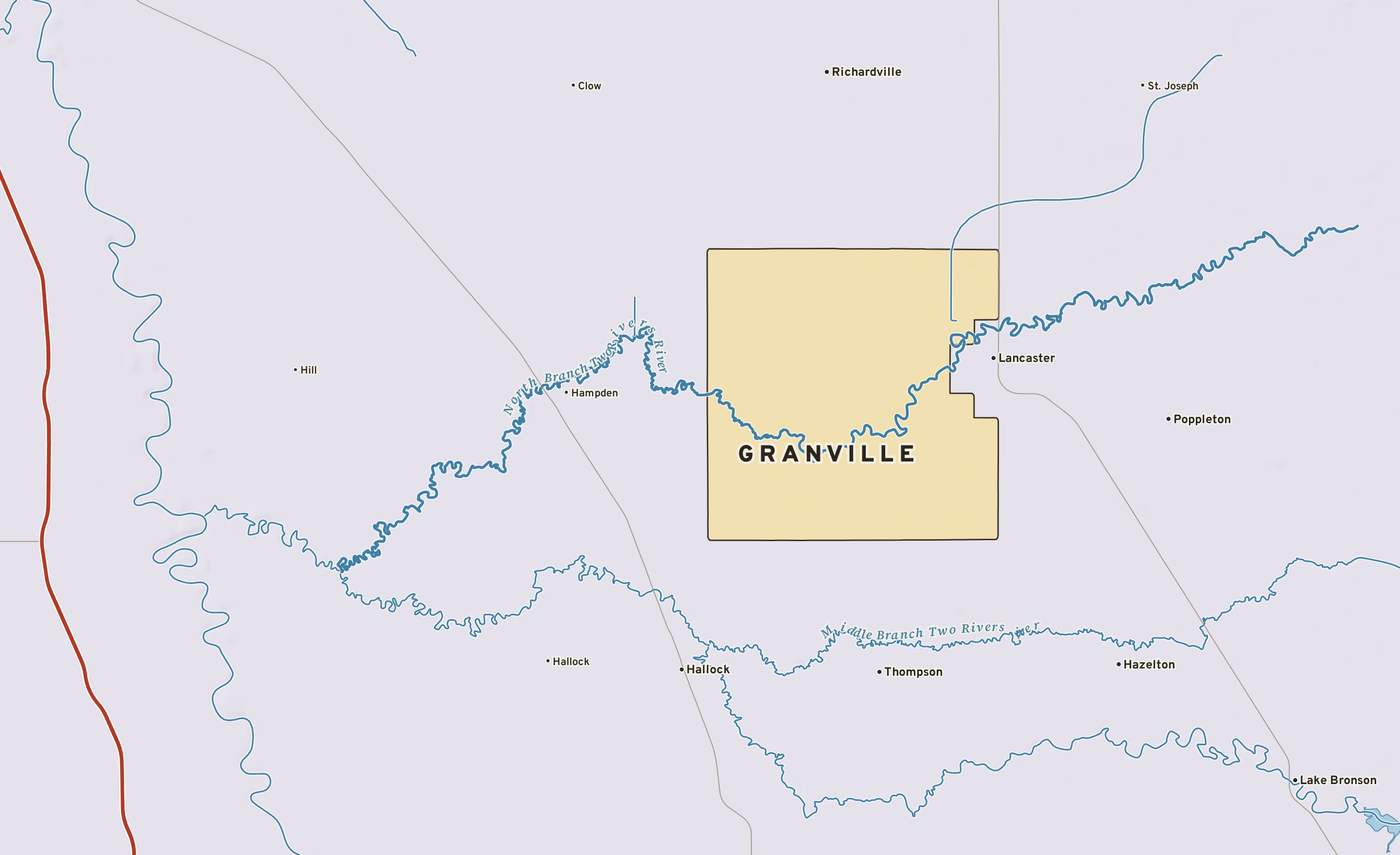 Shaded-relief atlas plate of Granville, Minnesota: rivers, roads, the city limits and where the water drains.