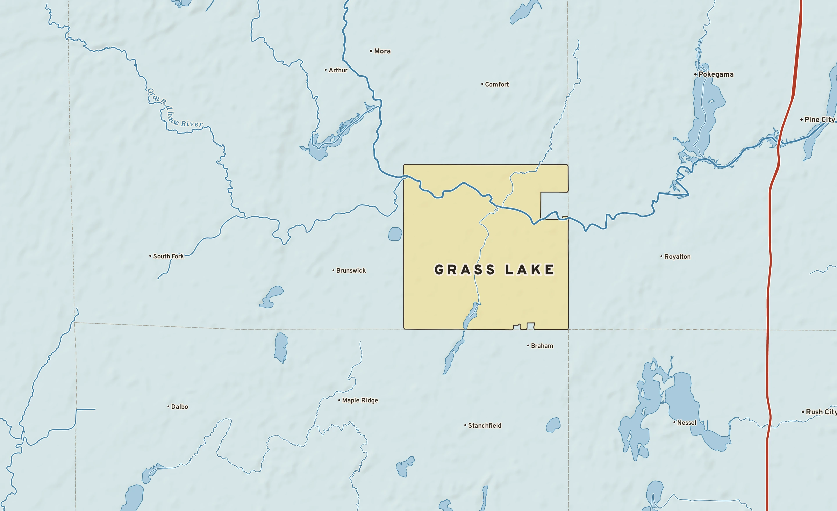 Shaded-relief atlas plate of Grass Lake, Minnesota: rivers, roads, the city limits and where the water drains.