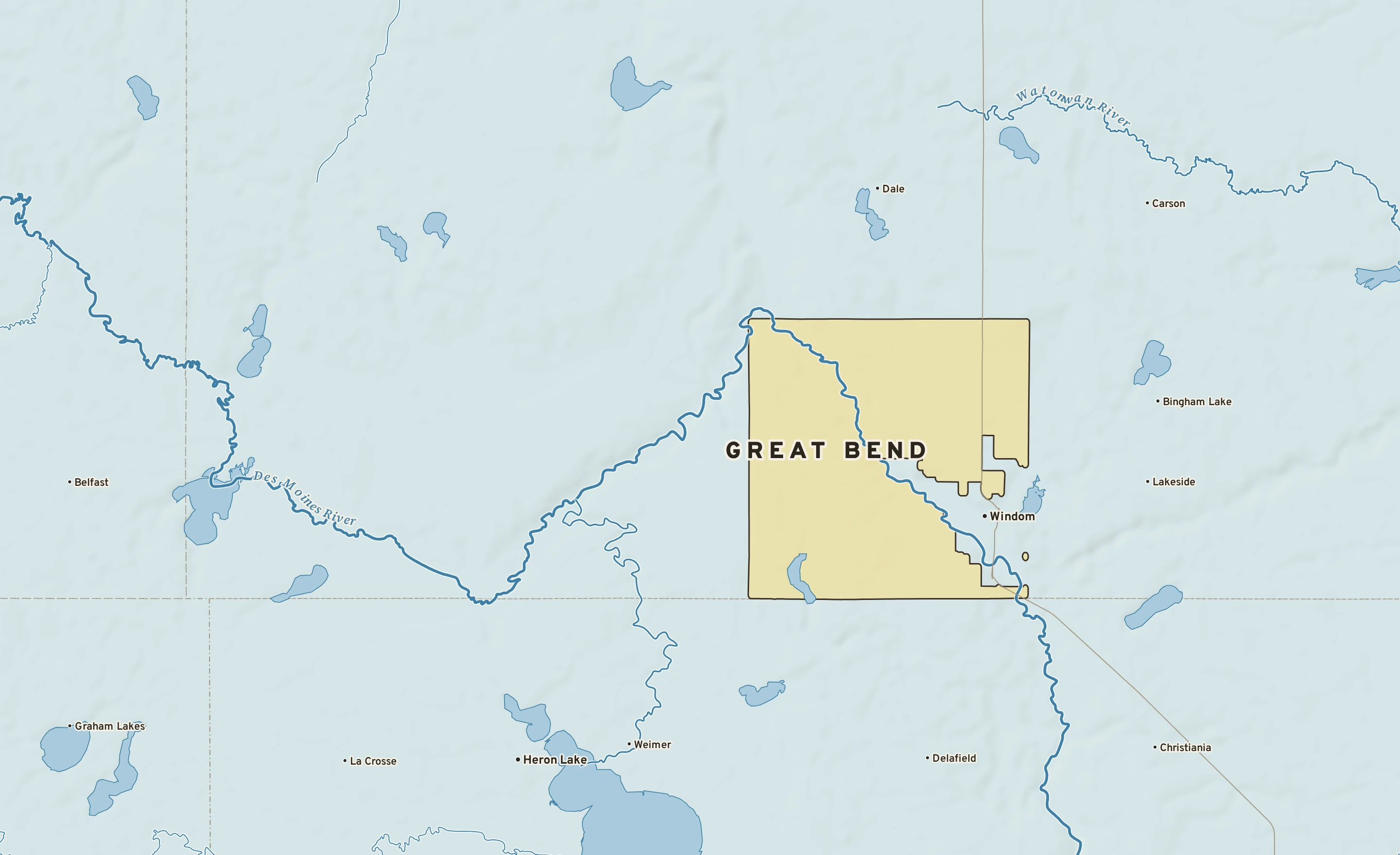 Shaded-relief atlas plate of Great Bend, Minnesota: rivers, roads, the city limits and where the water drains.